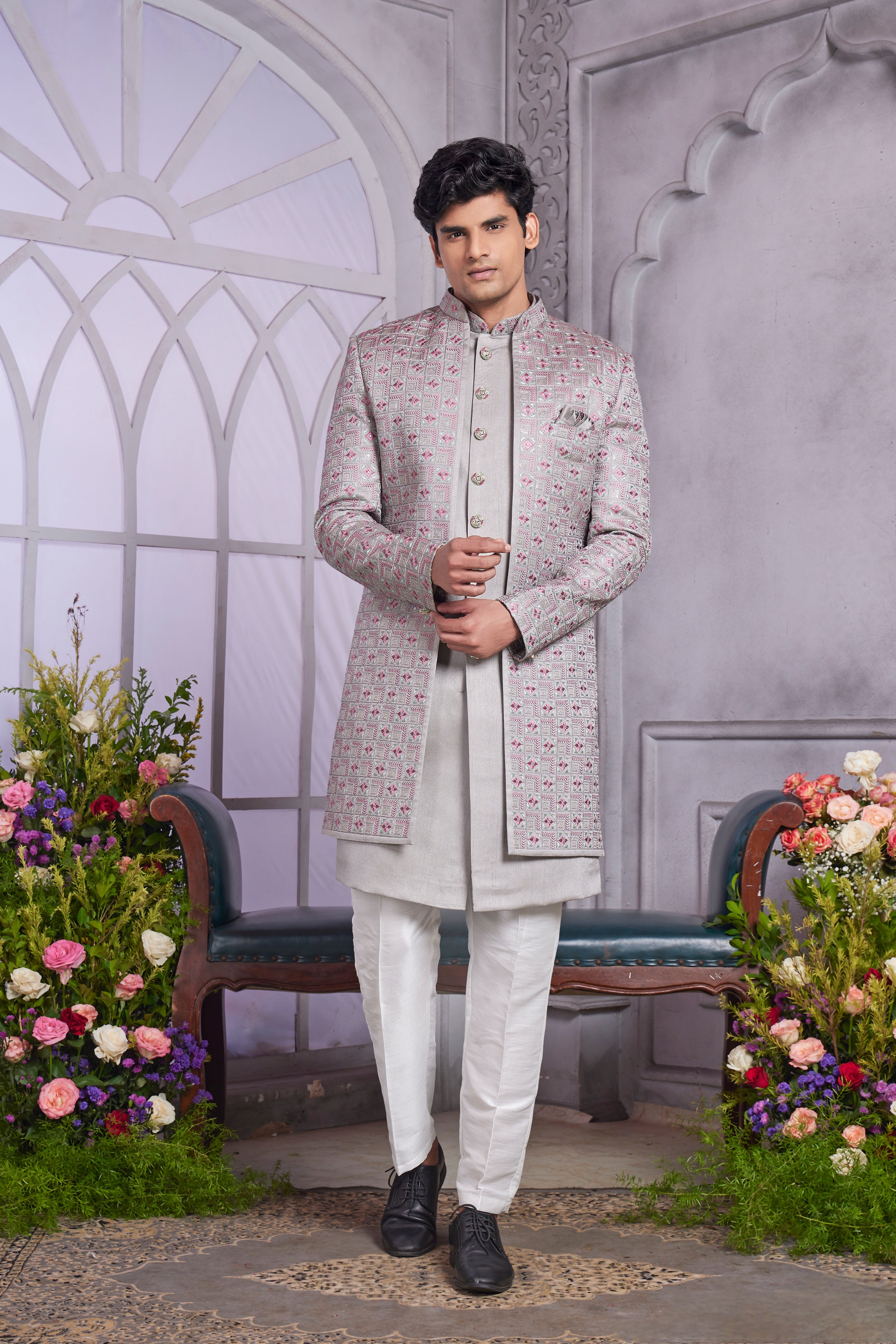 Grey indo western set for groom