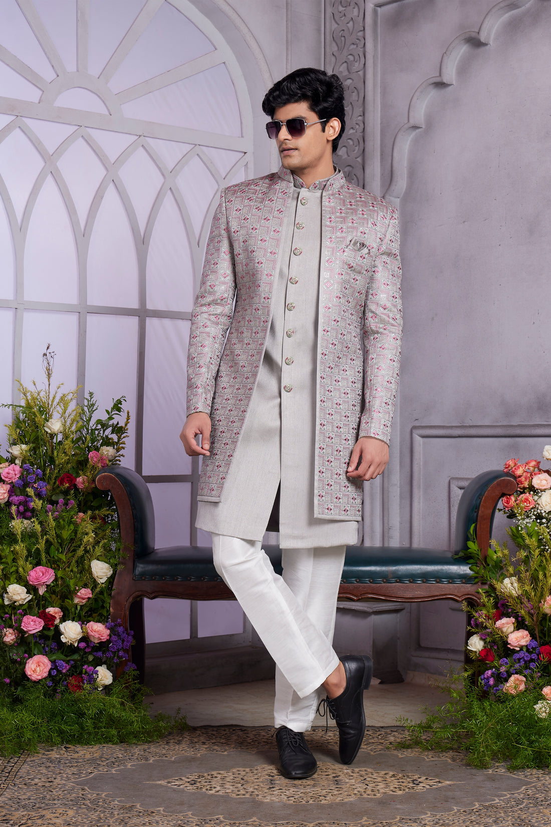 Grey indo western set for groom
