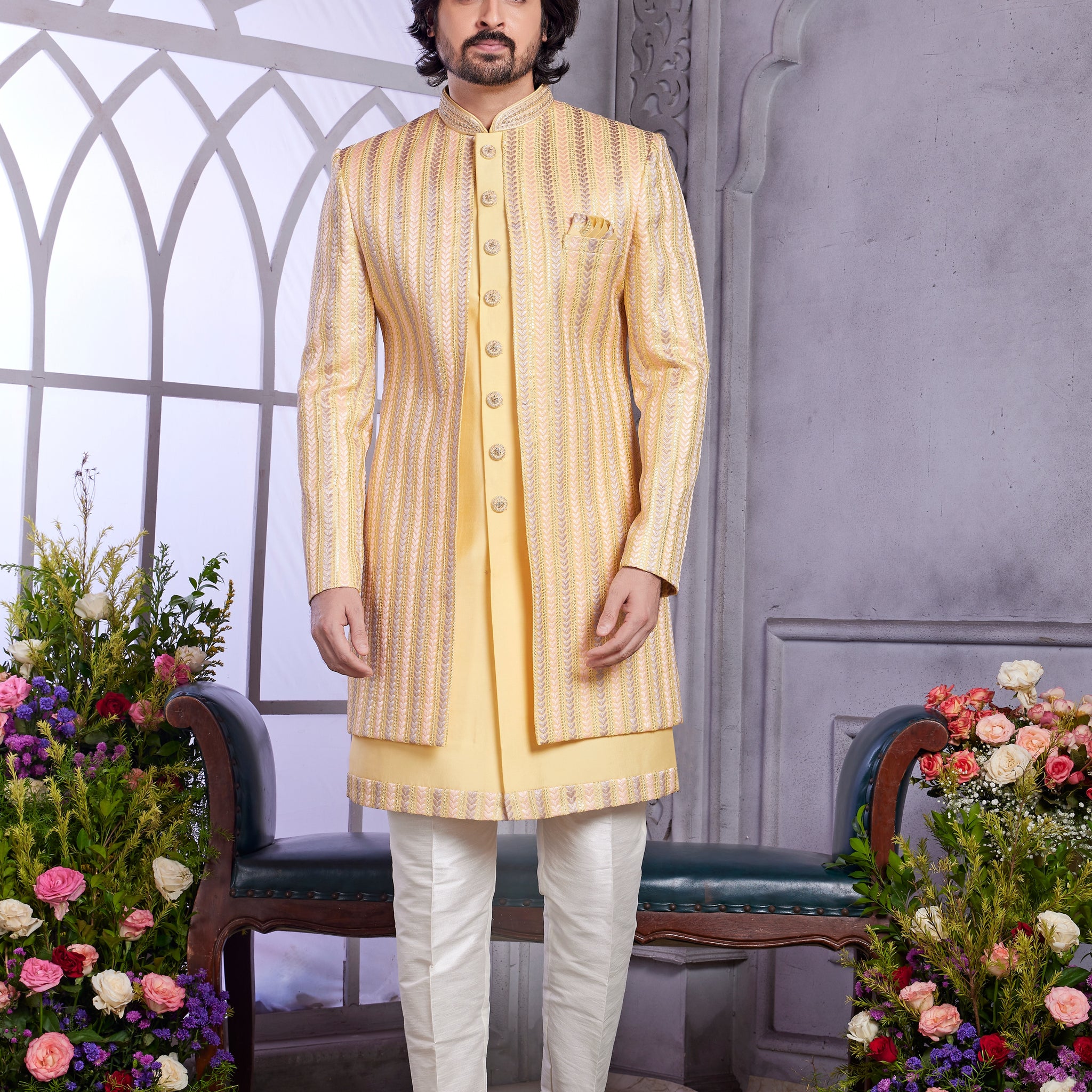 Yellow indo western outfit for men