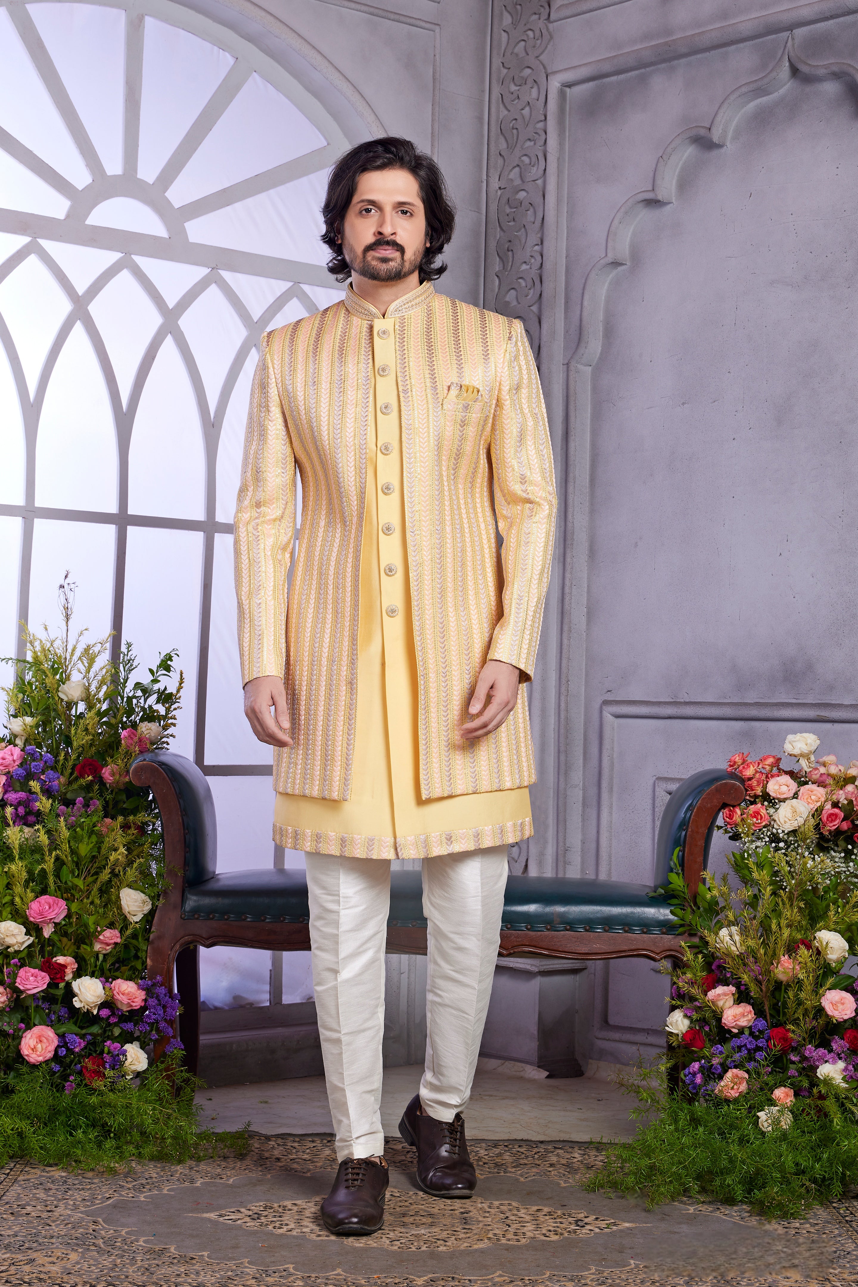 Yellow indo western outfit for men