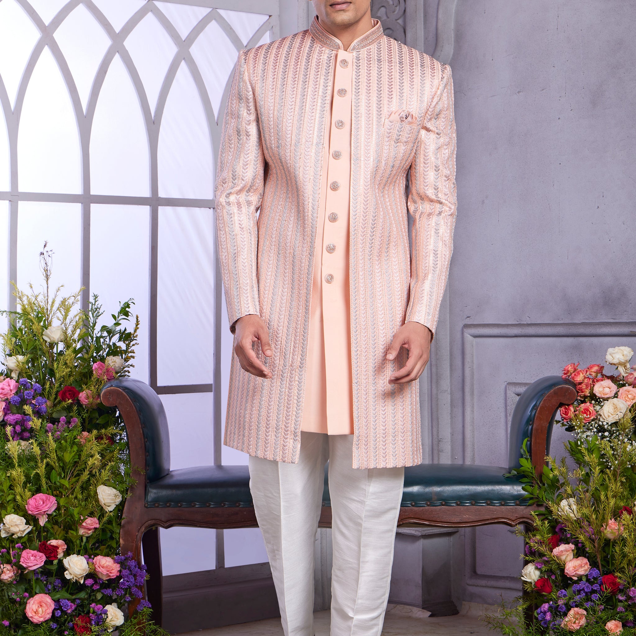 Peach indo western set for men with embroidery
