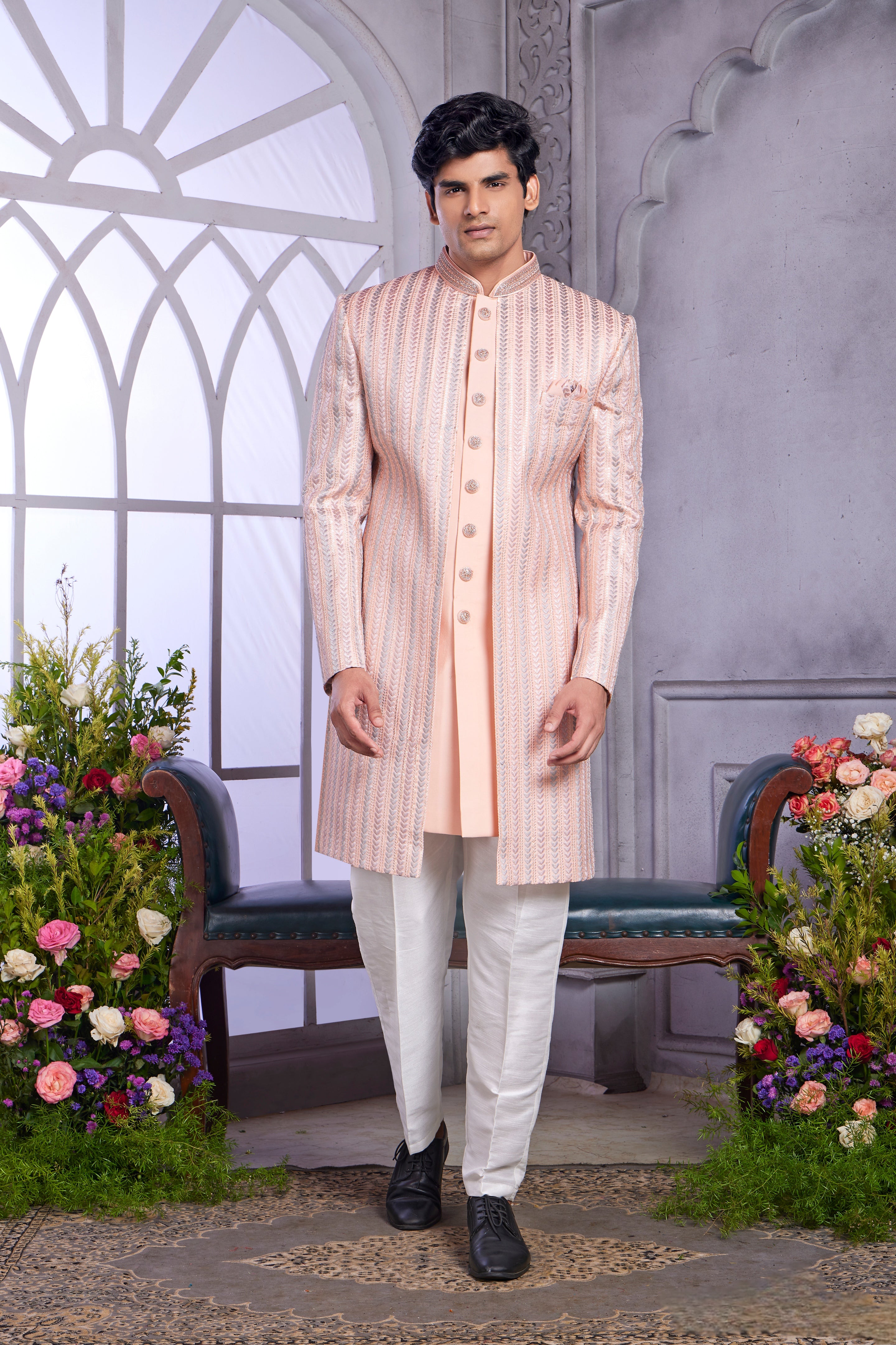 Peach indo western set for men with embroidery