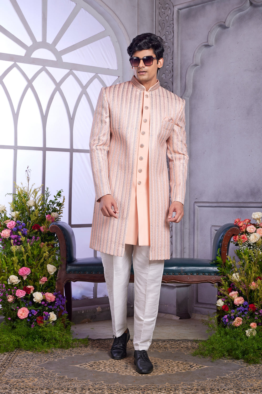 Peach indo western set for men with embroidery