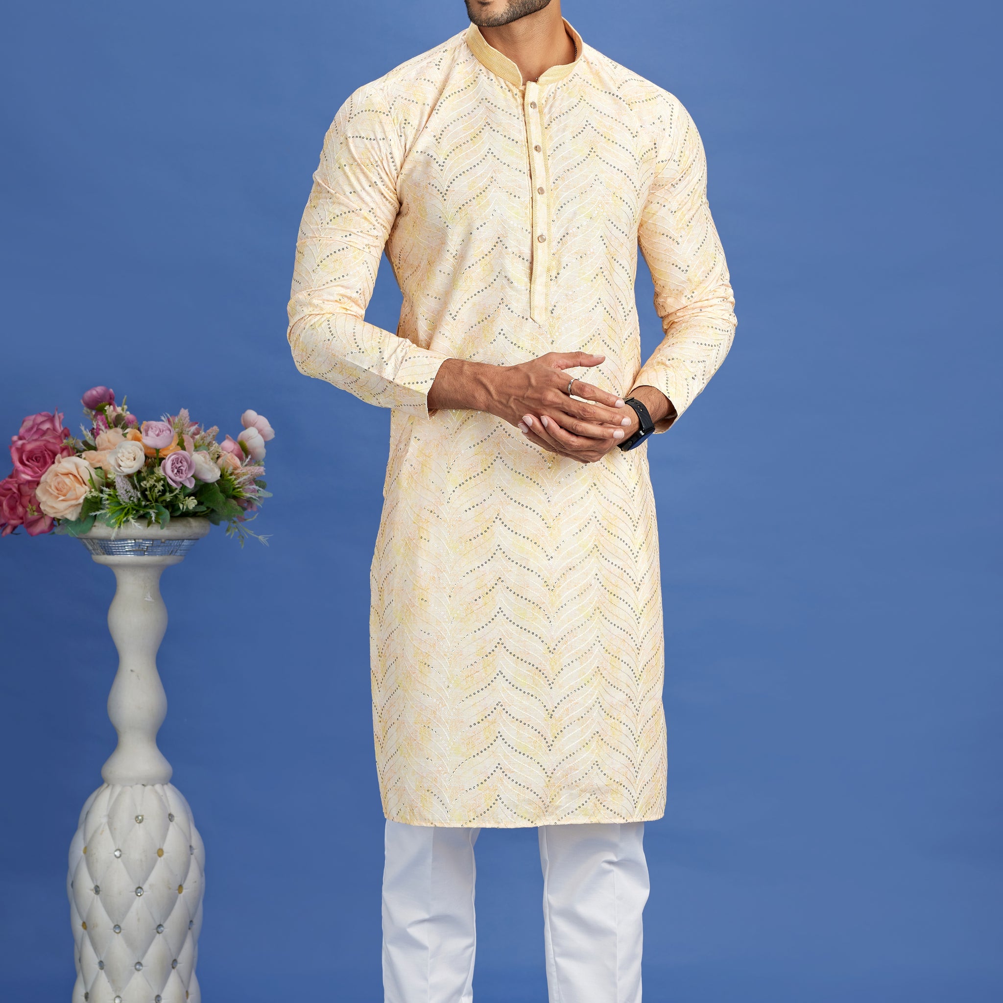 Cream embroidered kurta pajama for men