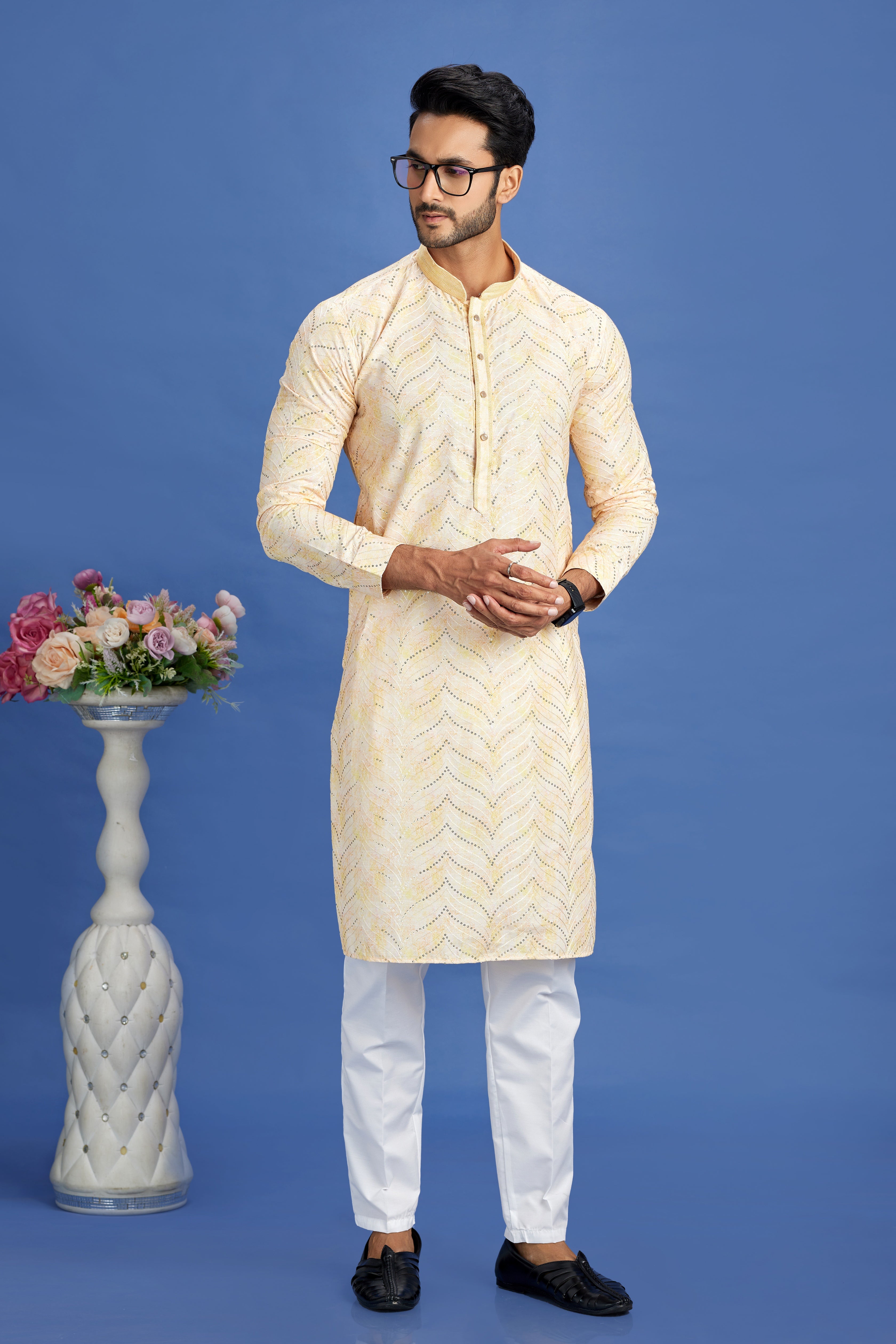 Cream embroidered kurta pajama for men