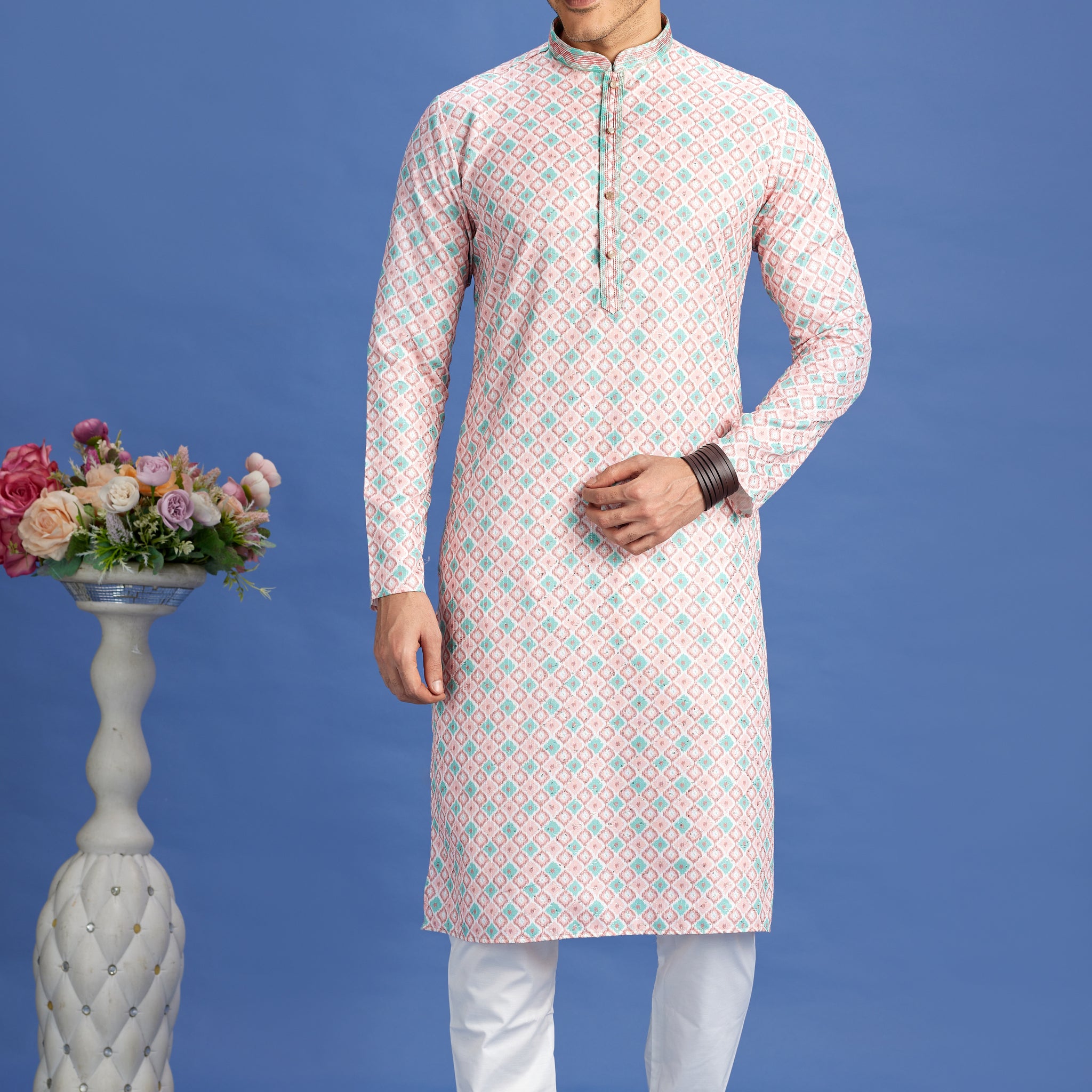 White kurta pajama with multicolor print for men