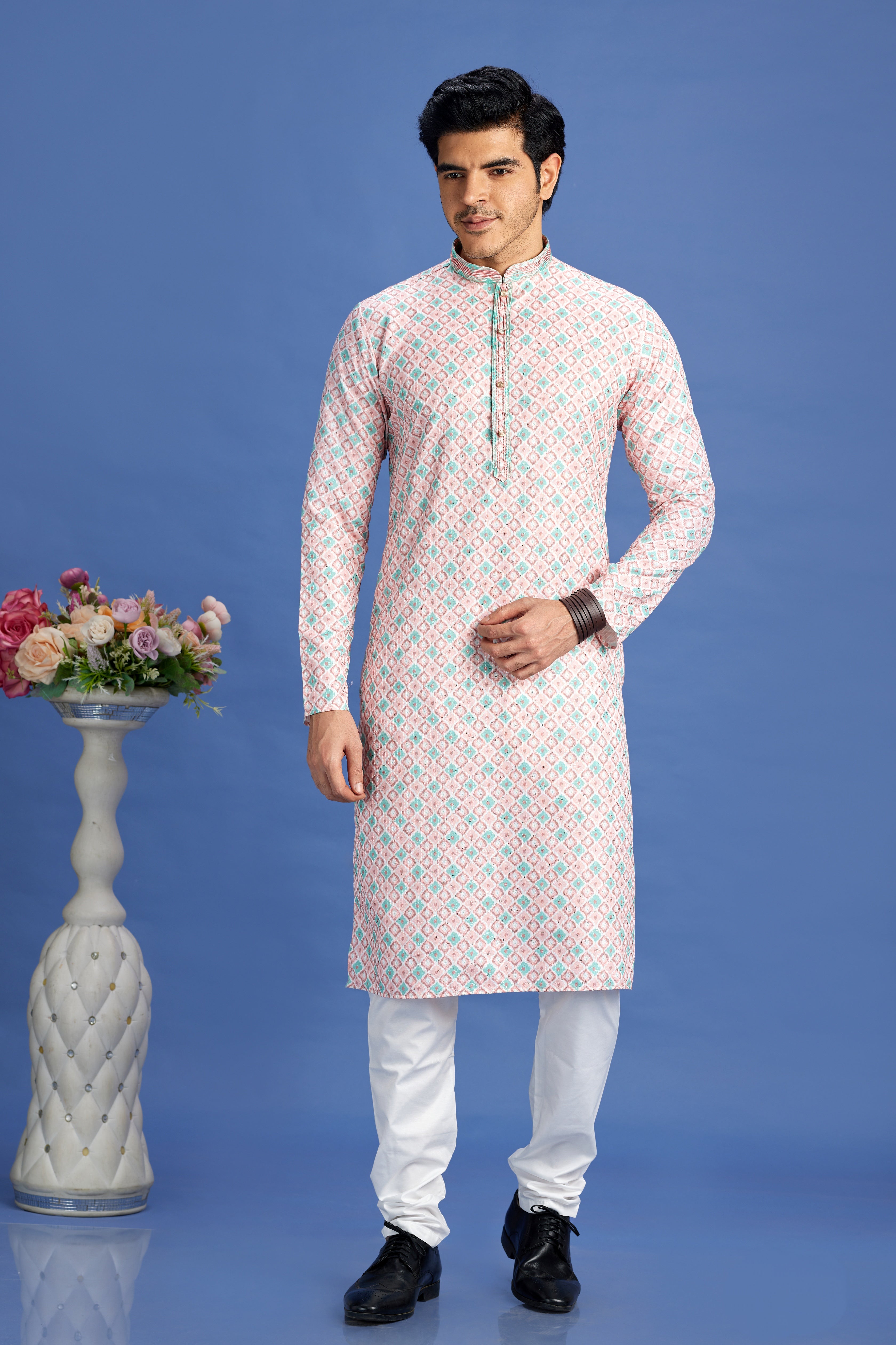 White kurta pajama with multicolor print for men