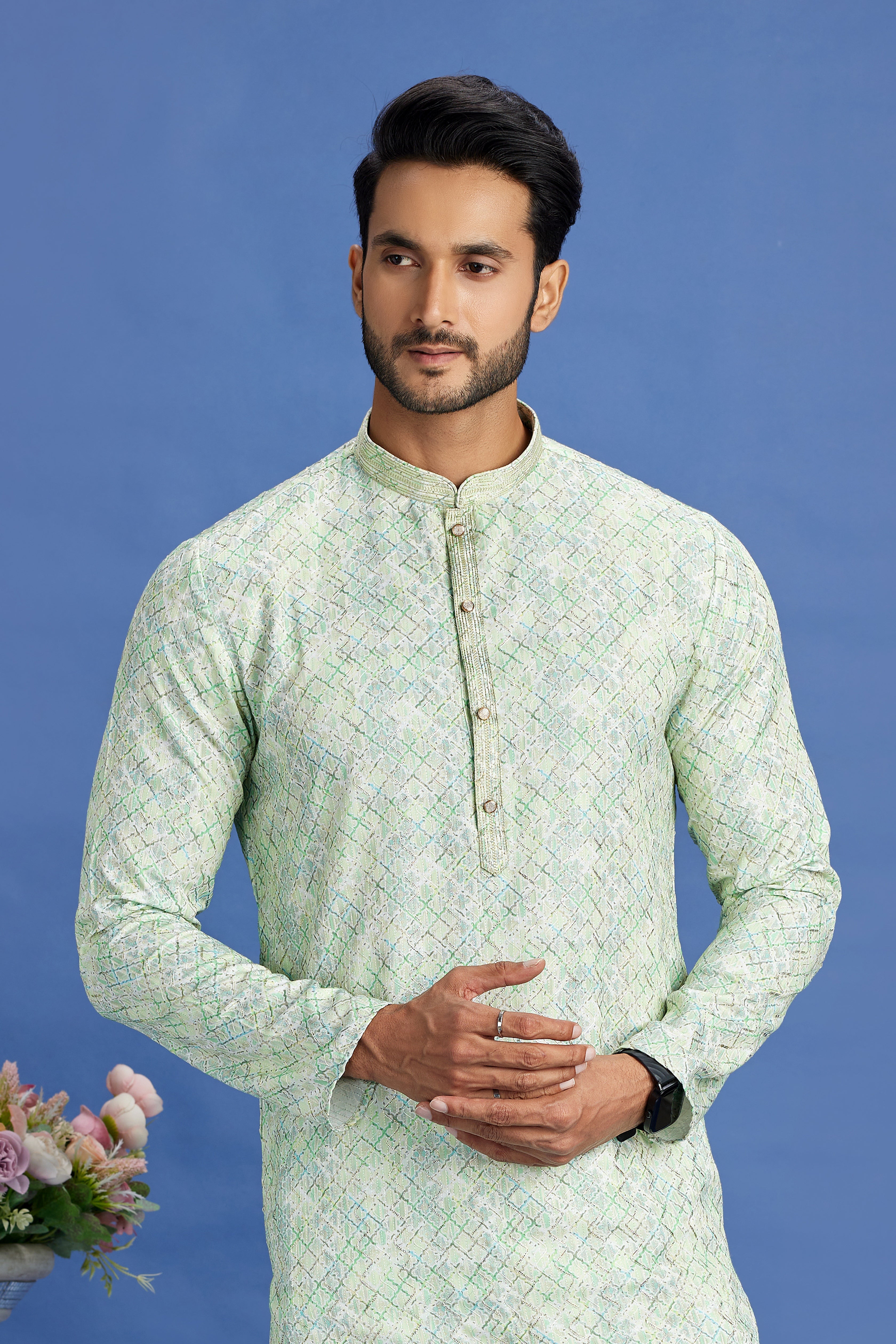 Embroidered pintux kurta in mint green