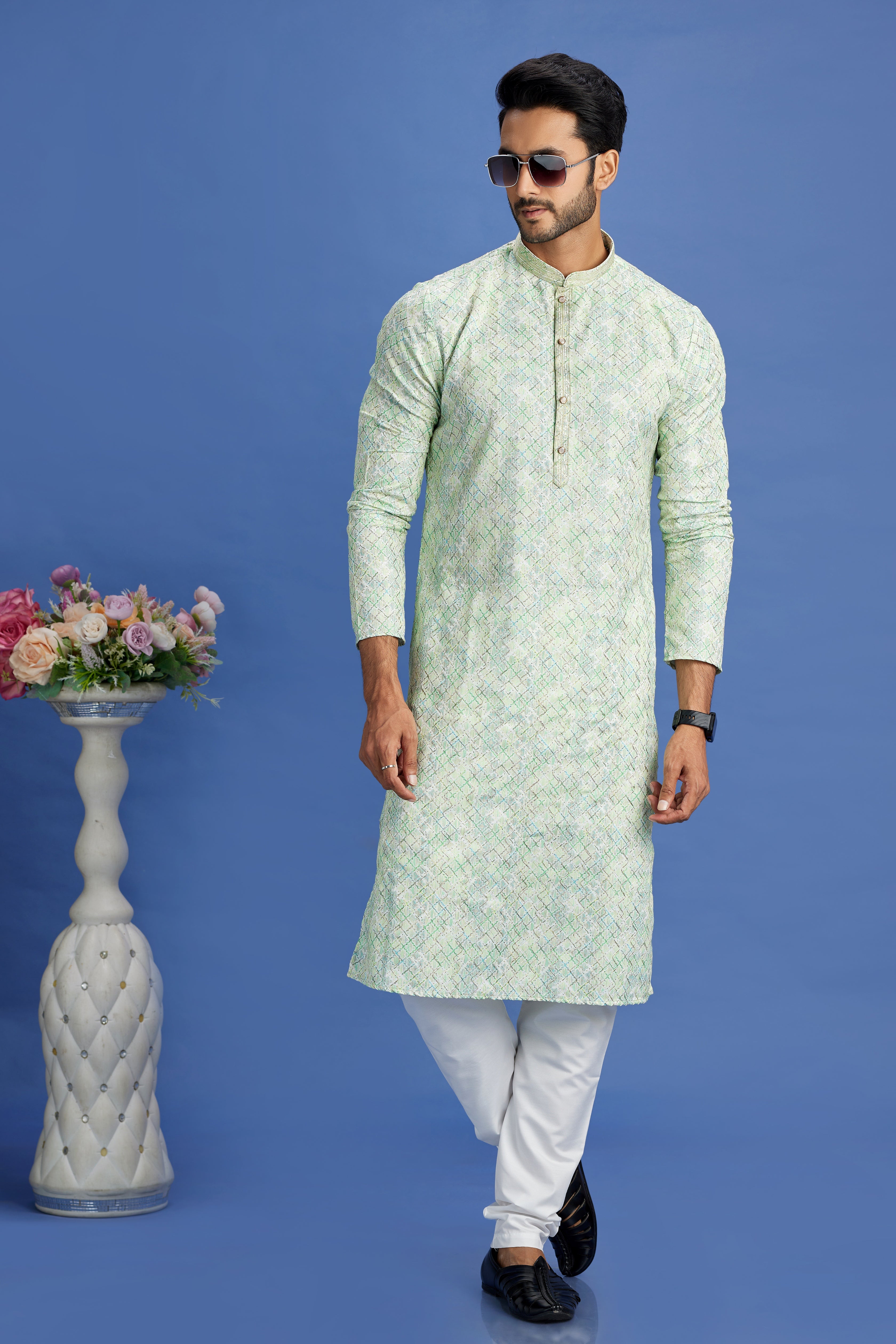 Men’s light green ethnic cotton kurta set