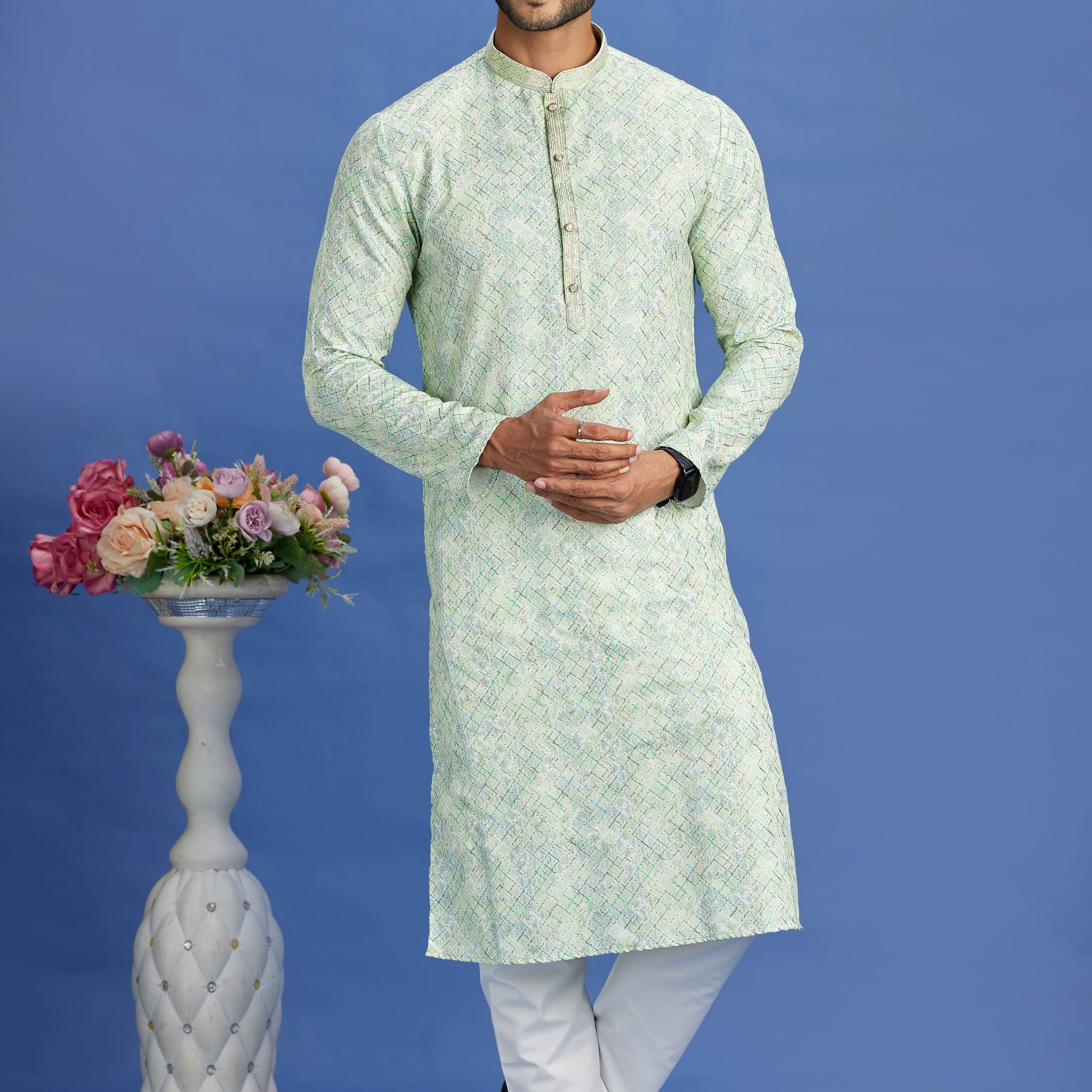 Mint green kurta pajama for daytime weddings