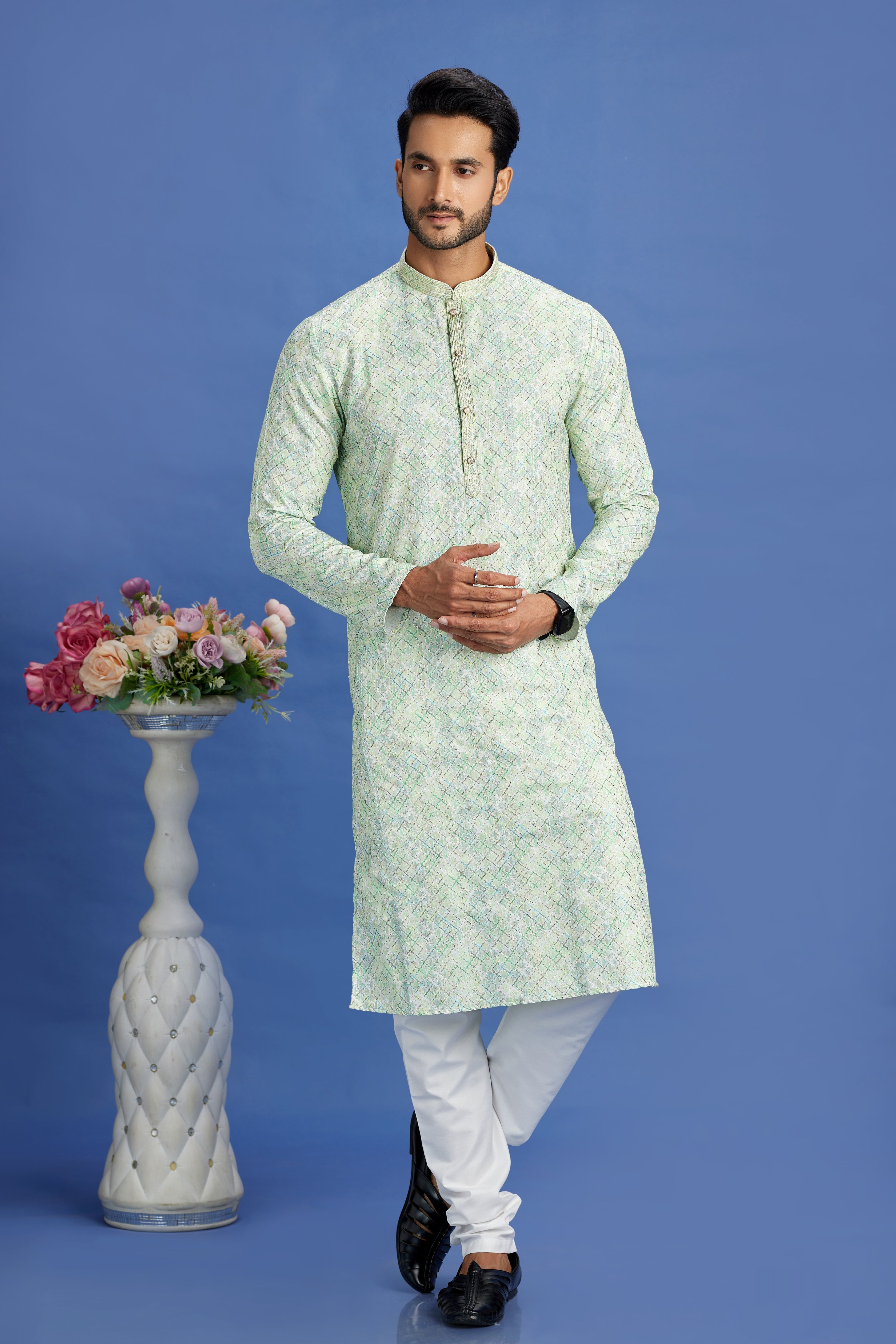 Mint green kurta pajama for daytime weddings