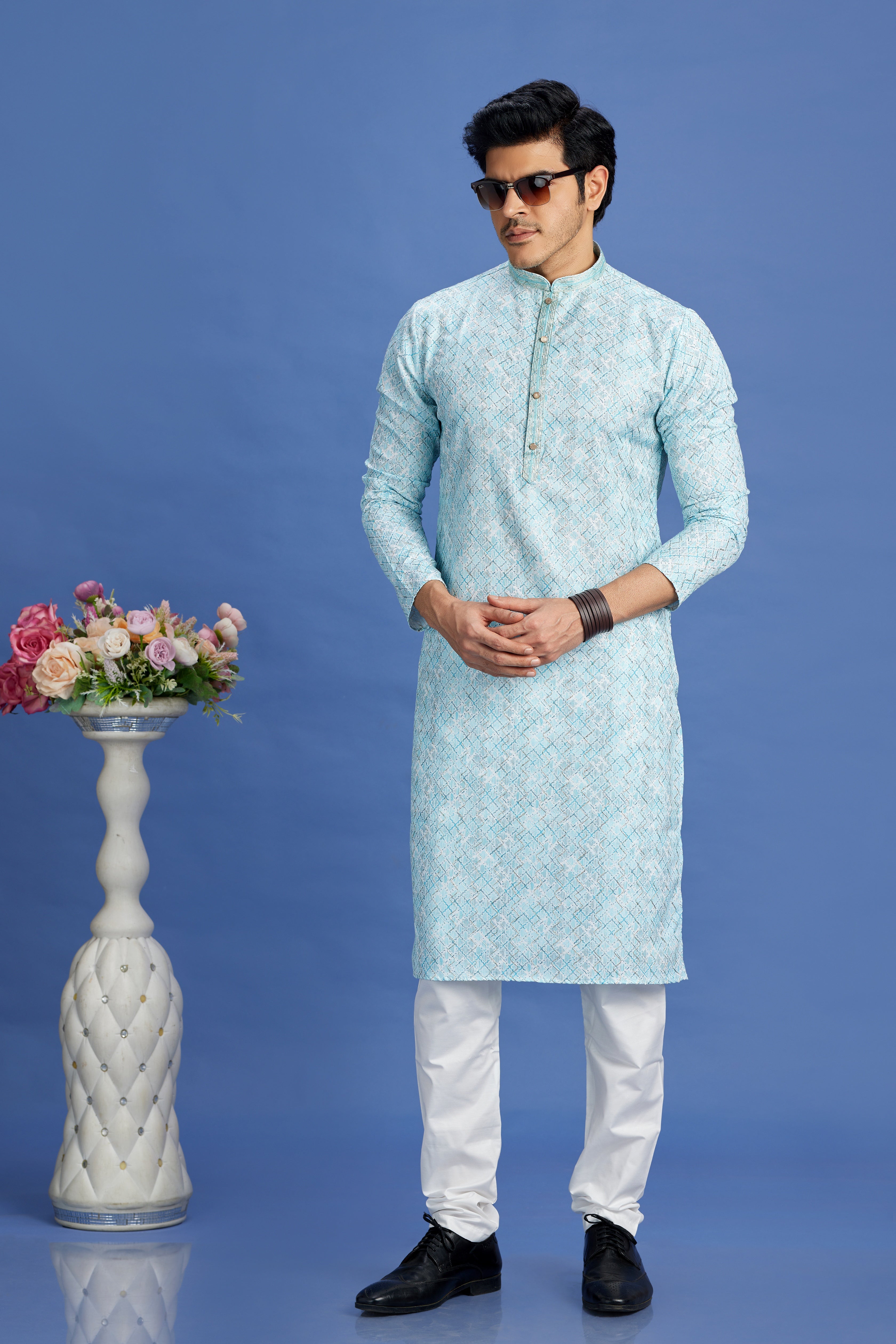 Digital print men’s kurta pajama in aqua