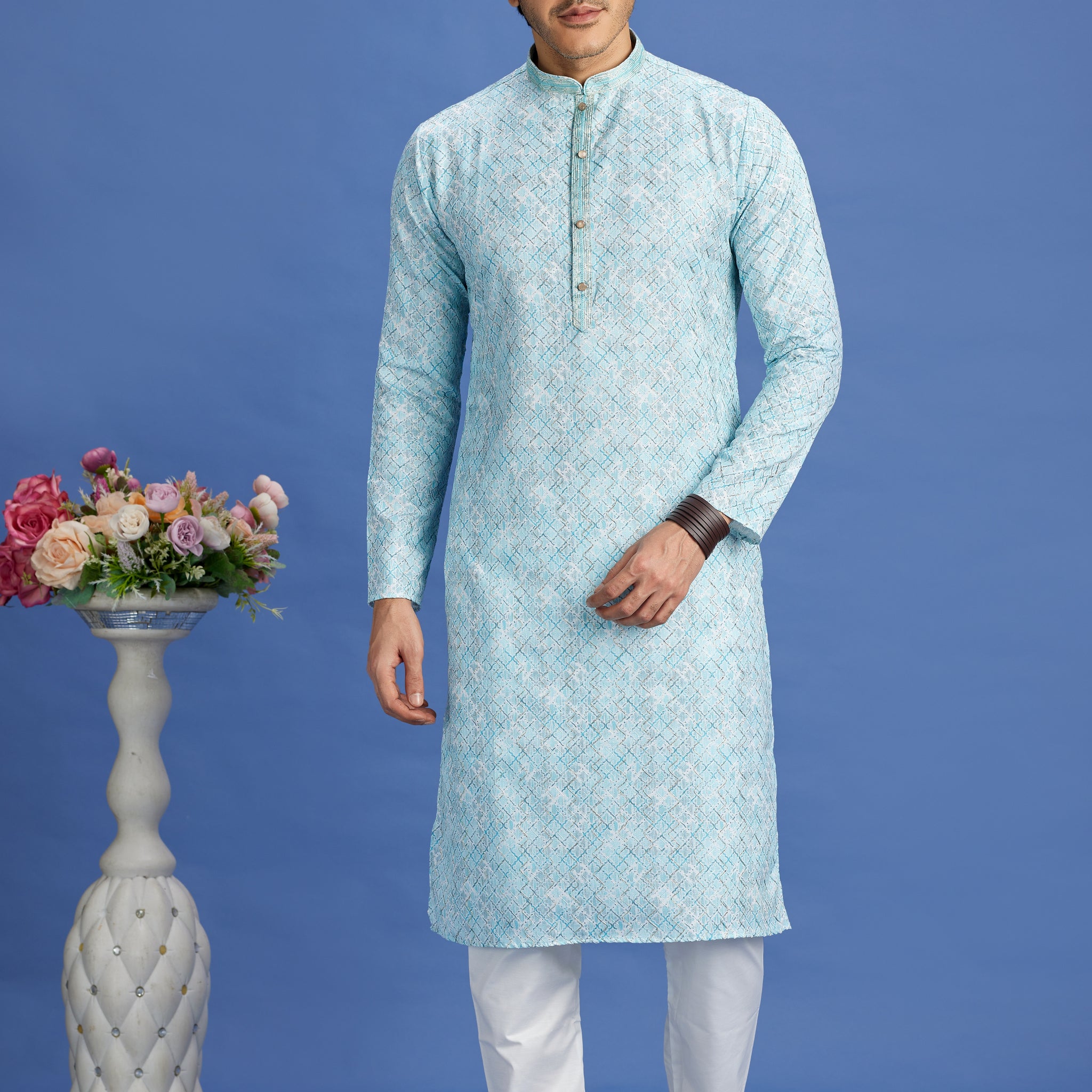 Aqua blue designer kurta pajama set for men