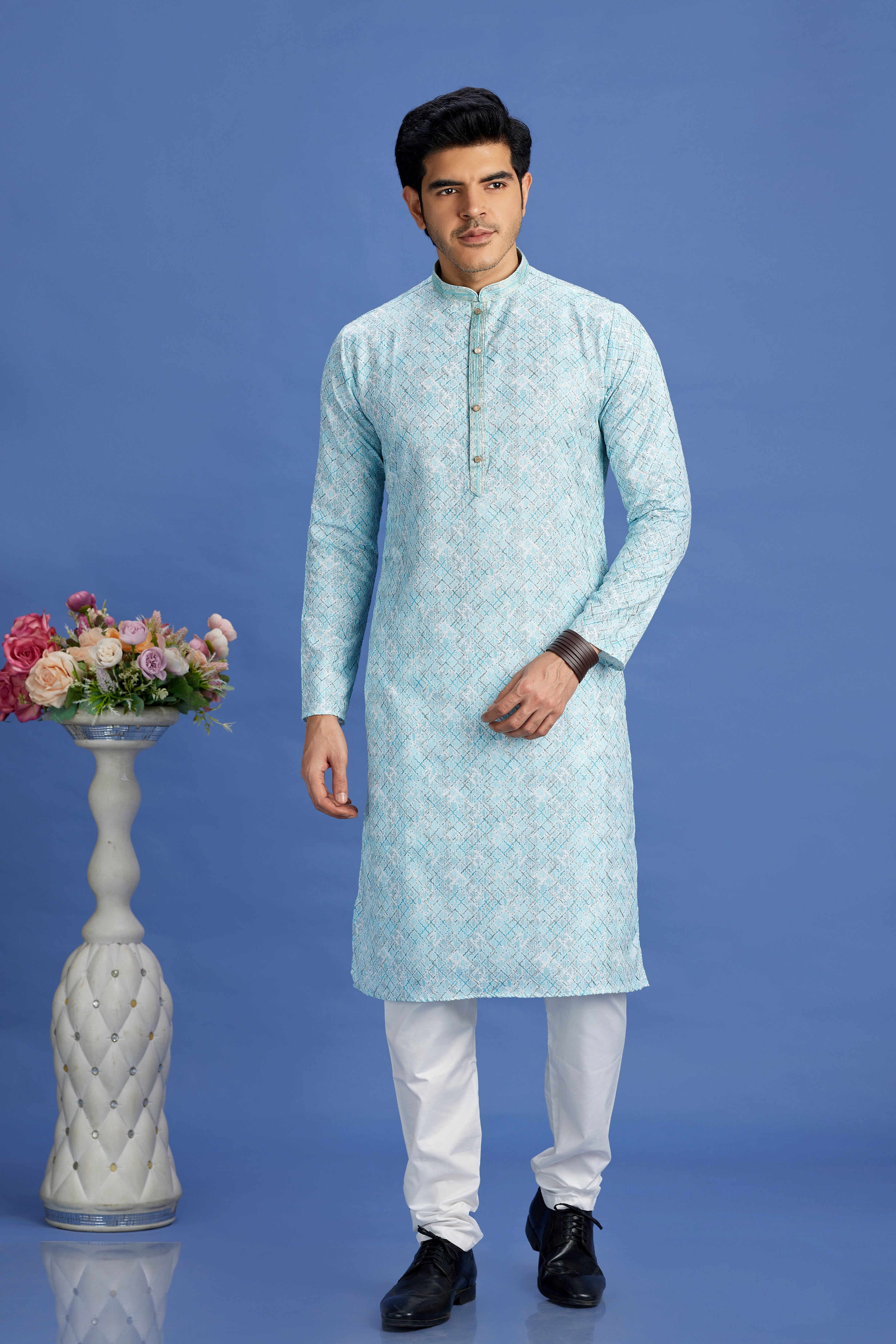 Aqua blue designer kurta pajama set for men
