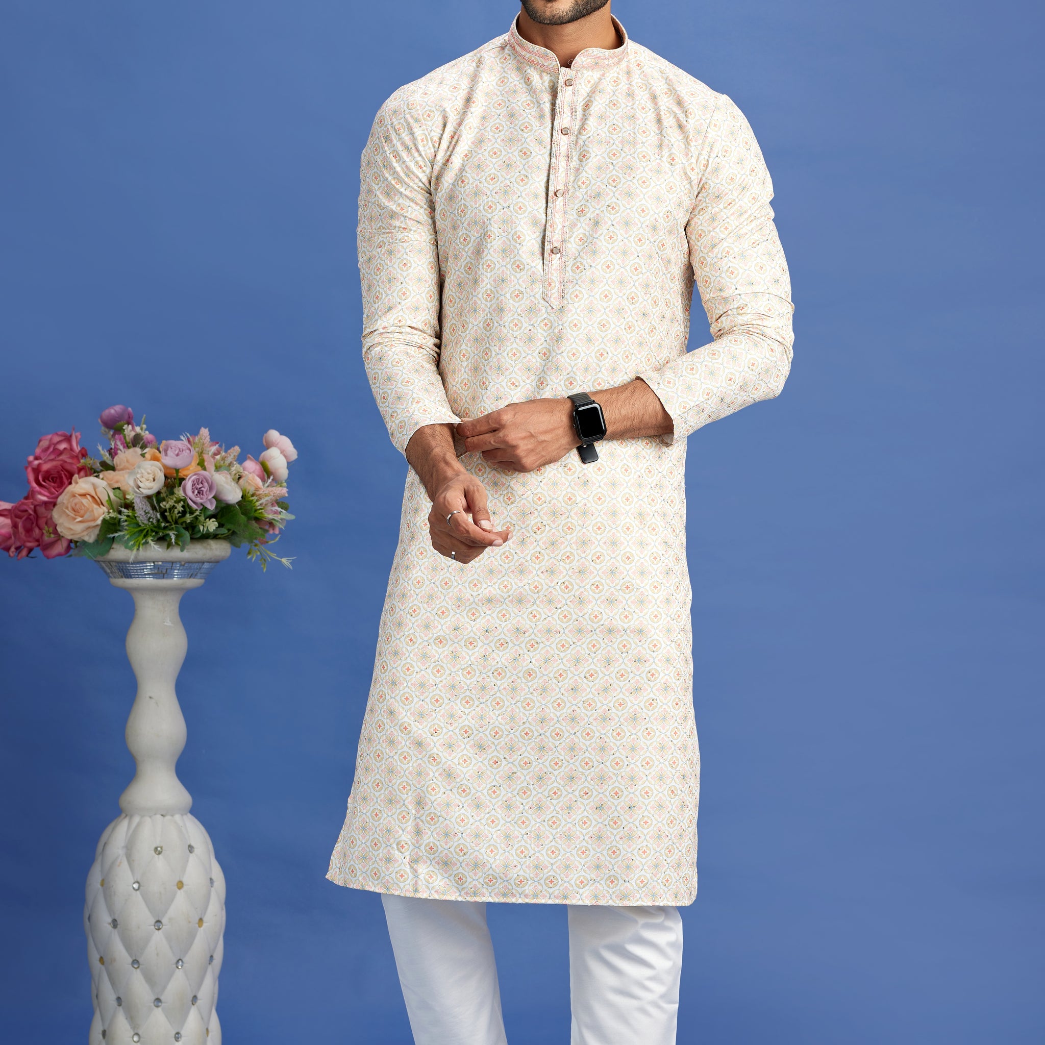 White kurta pajama for men with pintux design