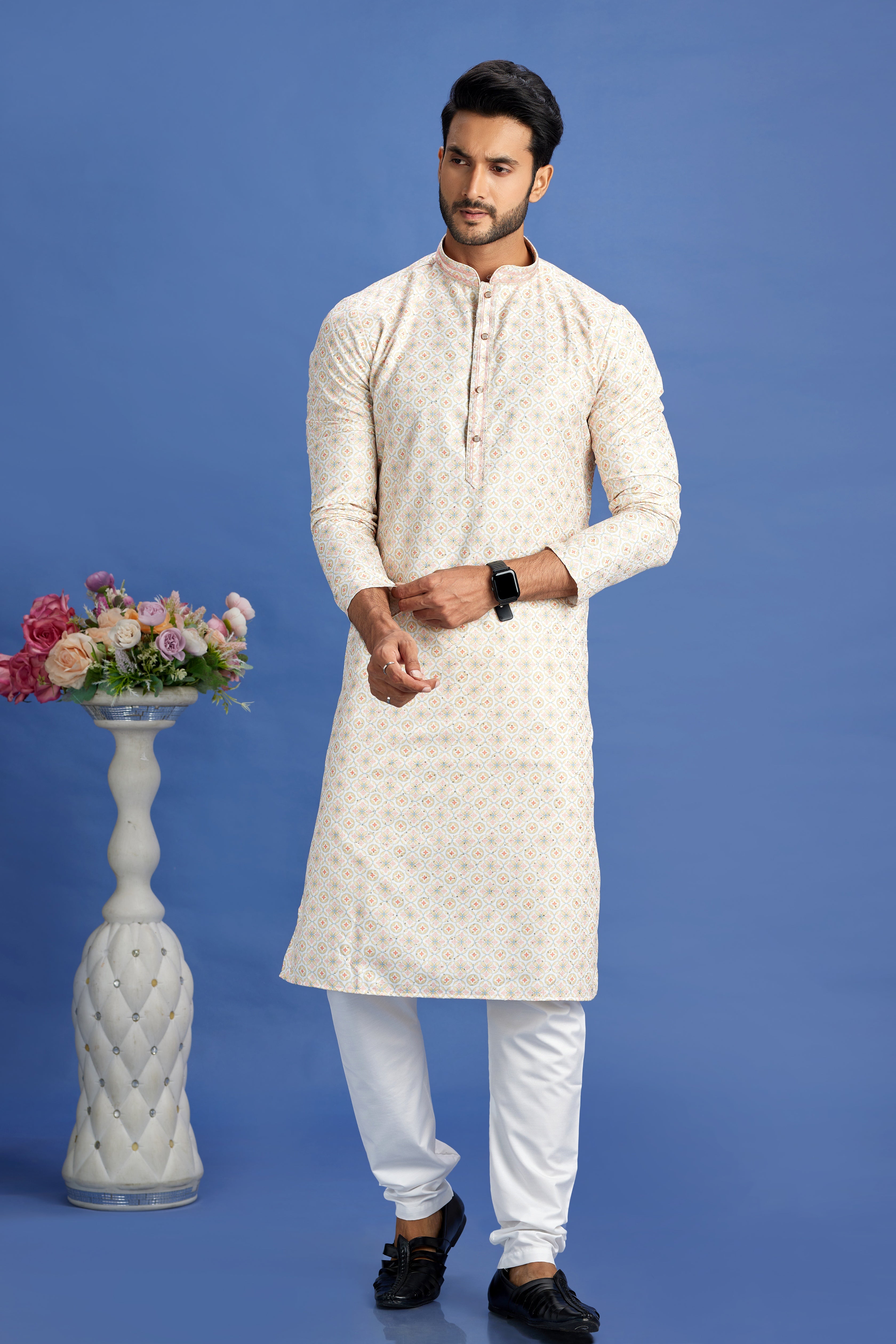 White kurta pajama for men with pintux design
