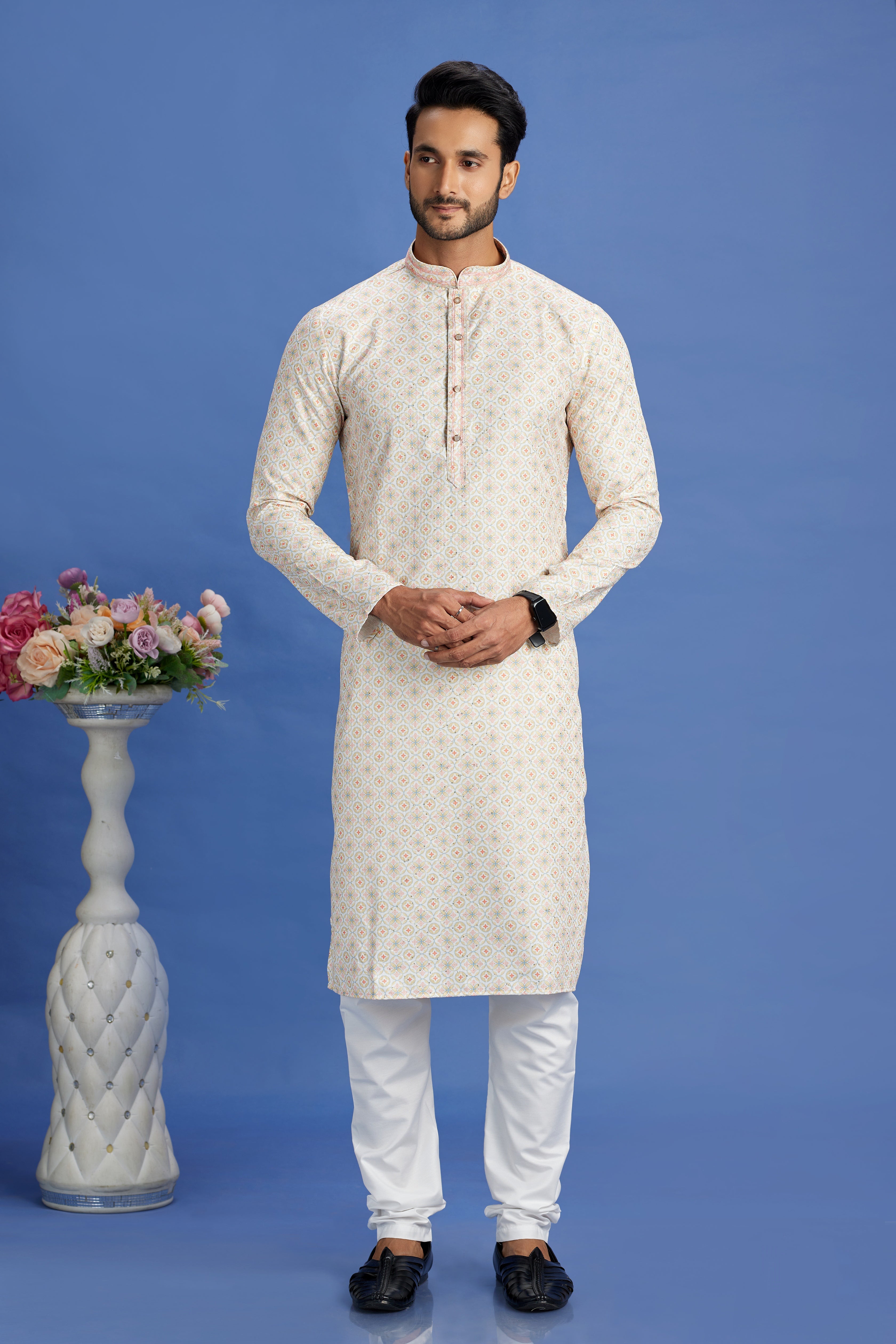 Digital print kurta for men in ivory white