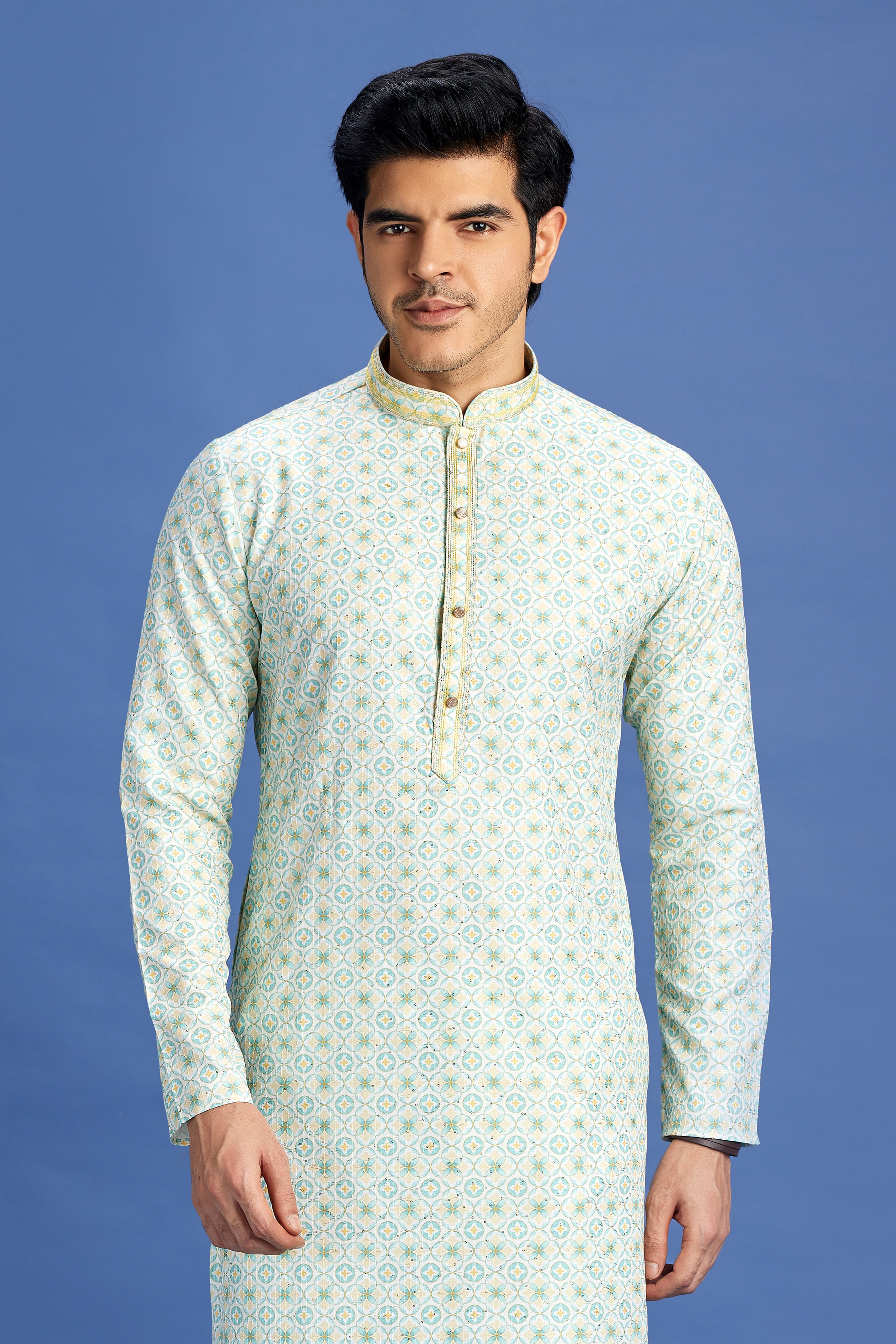 Embroidered pintux kurta for men in blue