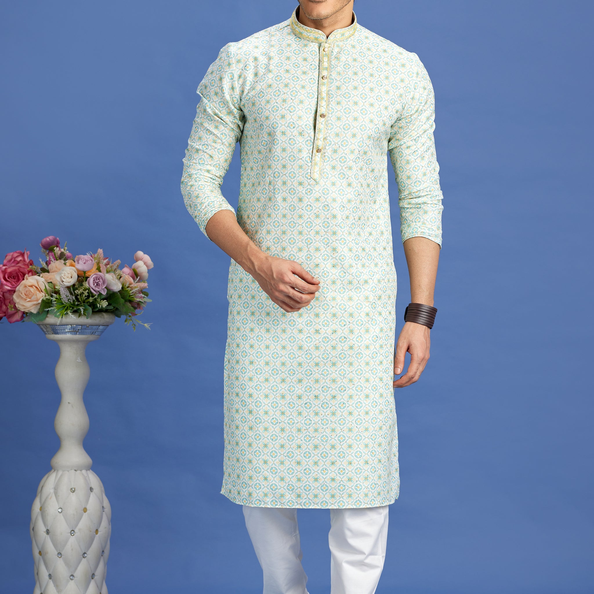 Turquoise blue digital print kurta pajama