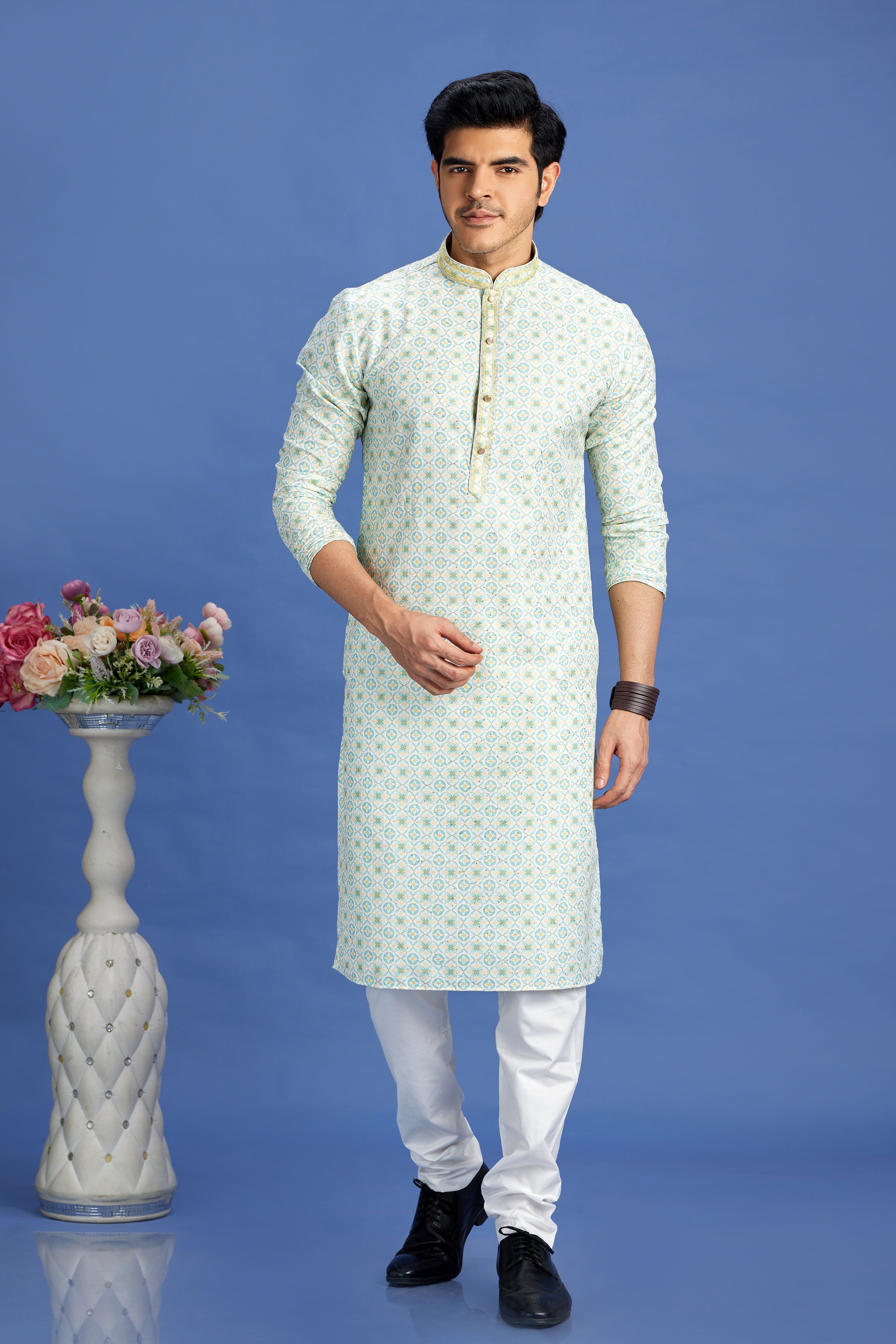 Turquoise blue digital print kurta pajama