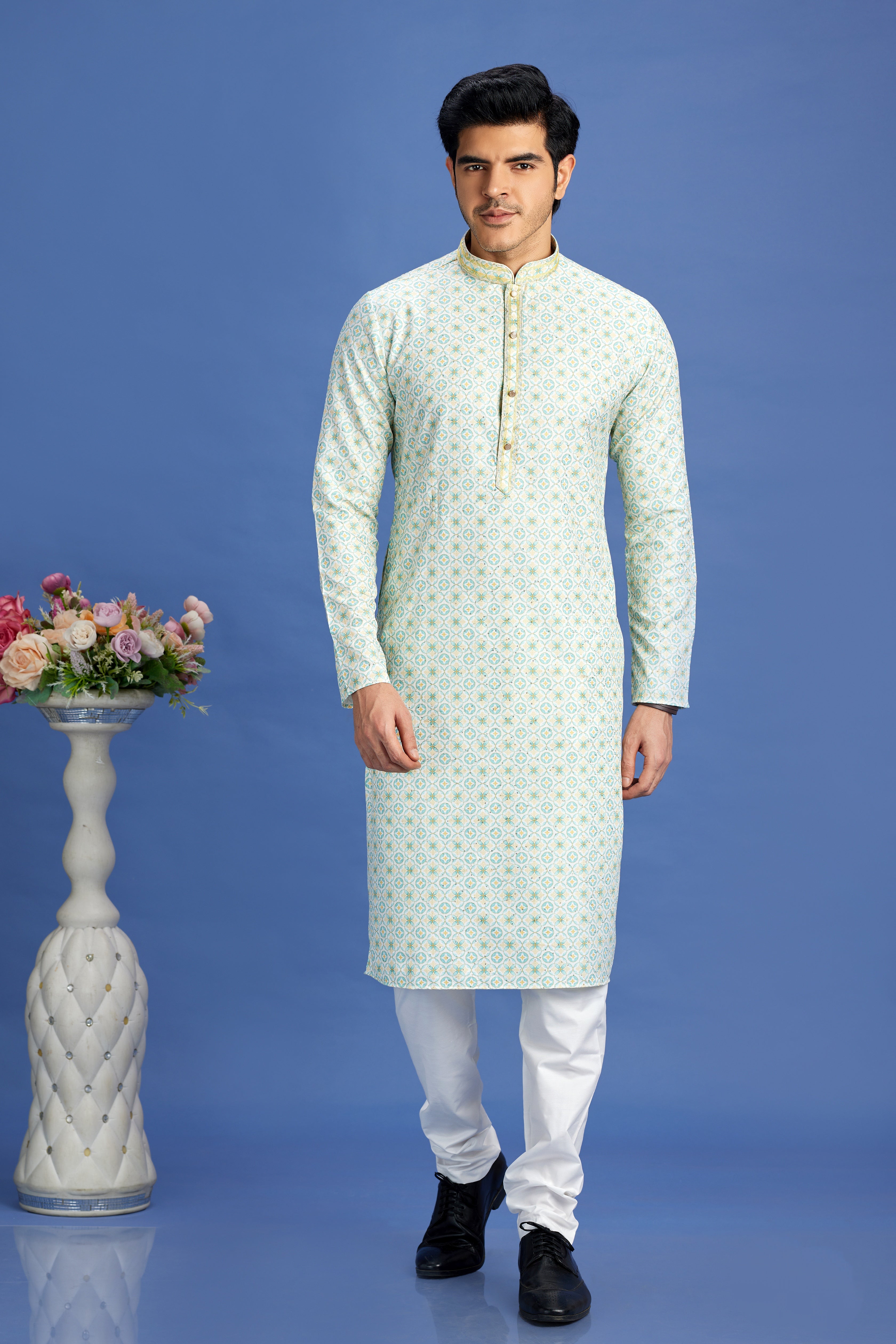 Festive kurta pajama in turquoise tone