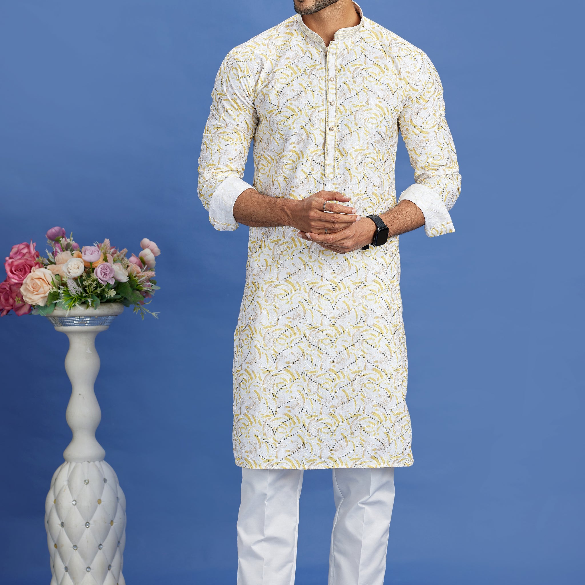 Beige printed kurta pajama for men