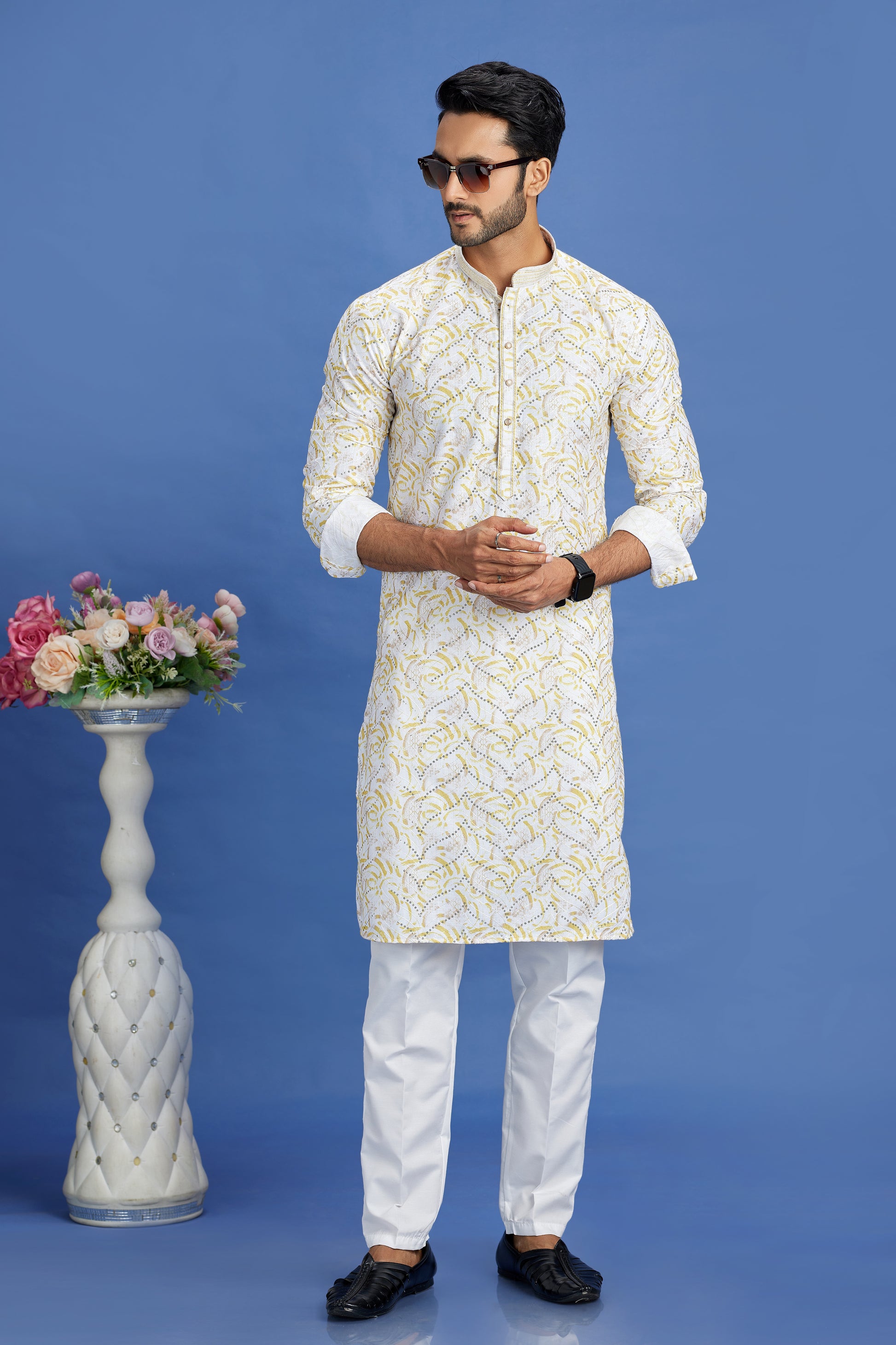 Beige printed kurta pajama for men
