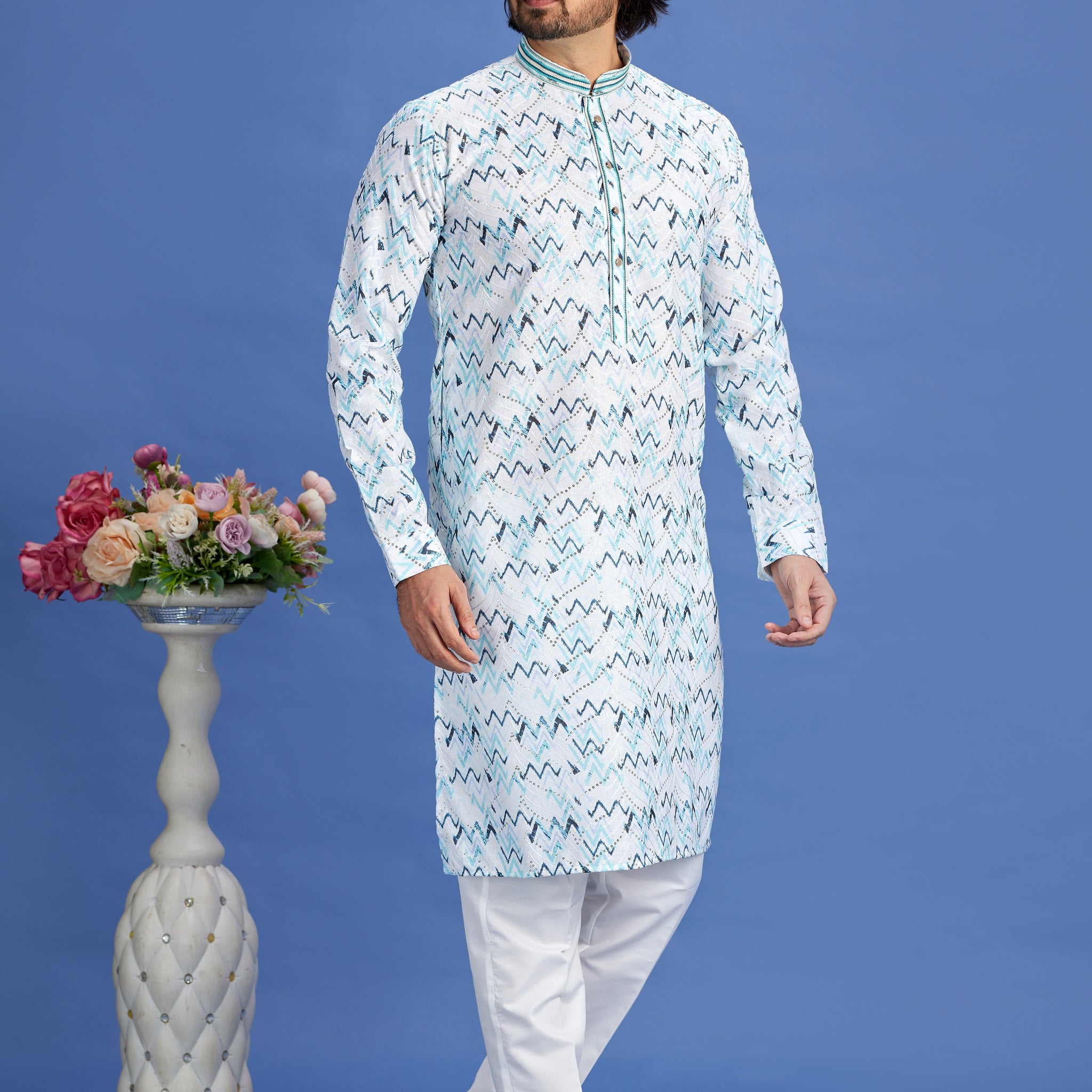 Sky blue geometric kurta pajama for men