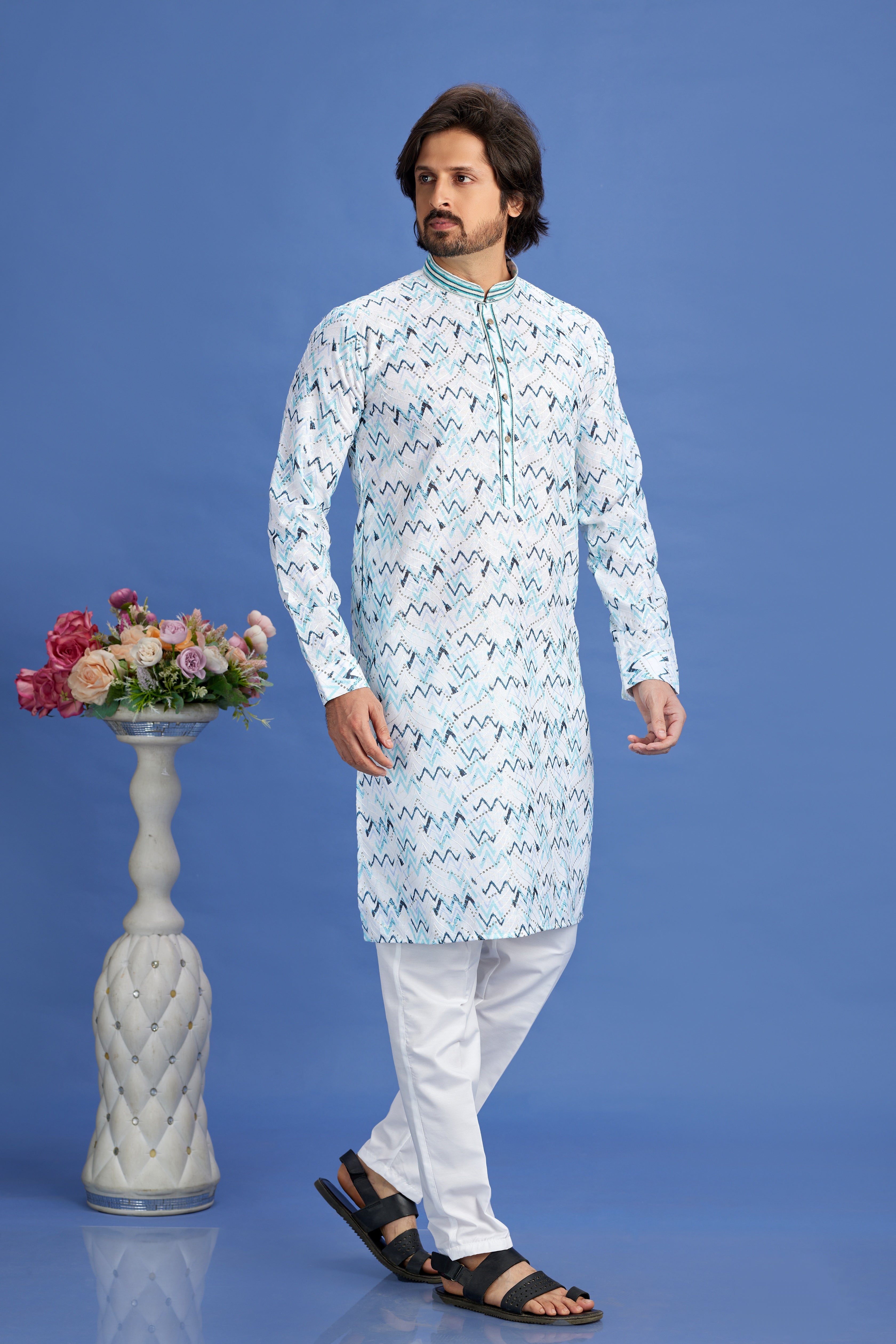 Sky blue geometric kurta pajama for men