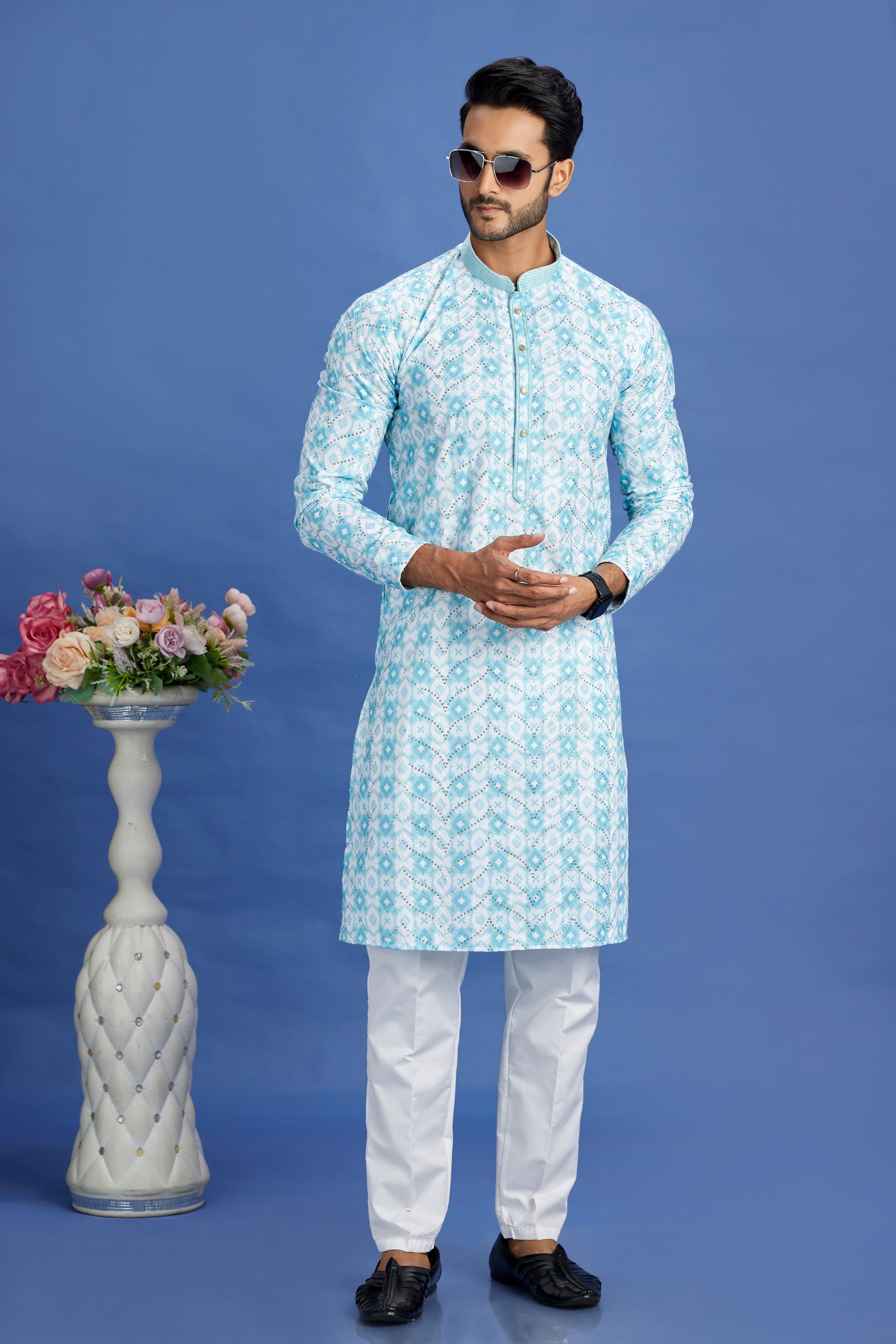 Turquoise digital print kurta pajama

