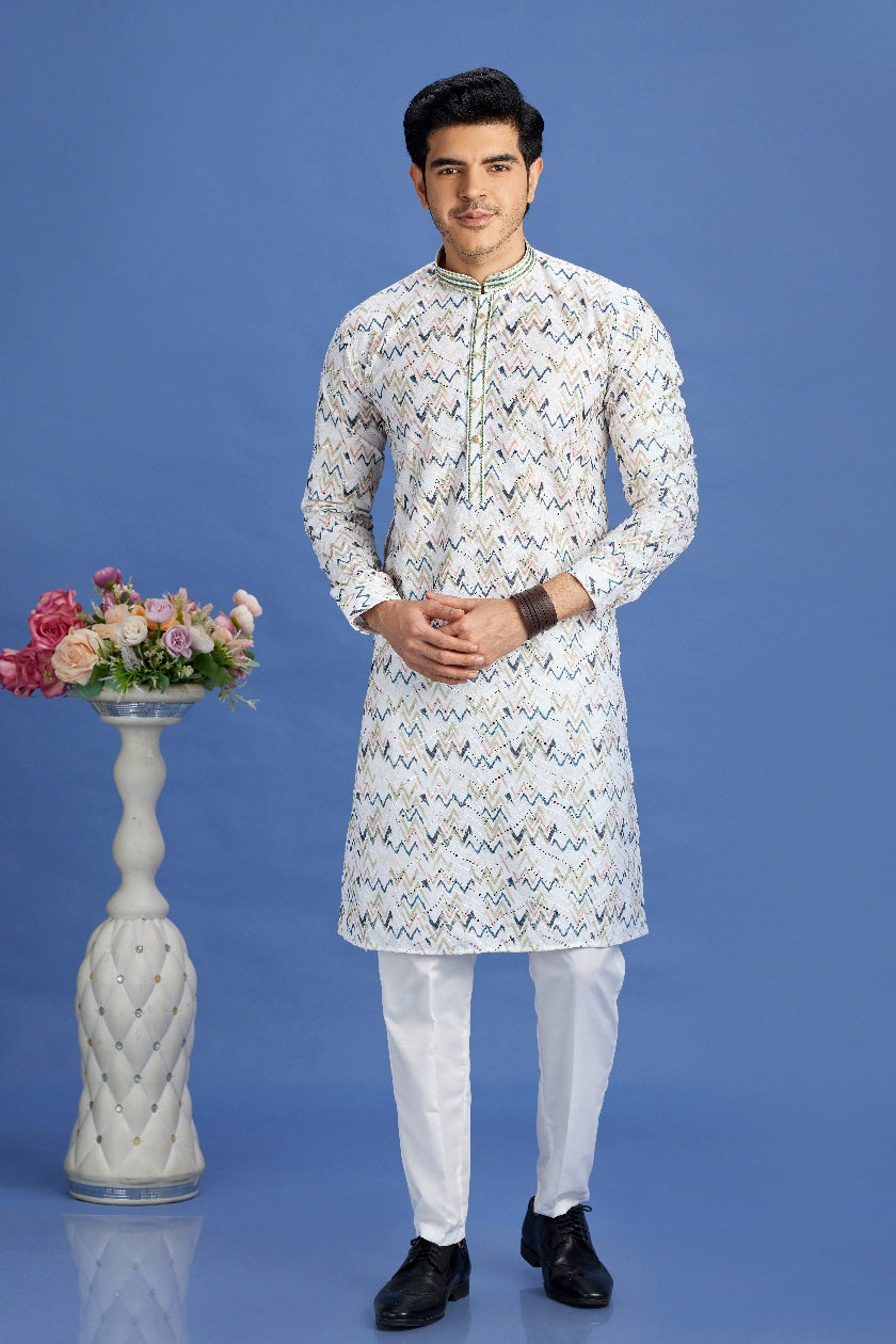 White kurta pajama with multicolor print


