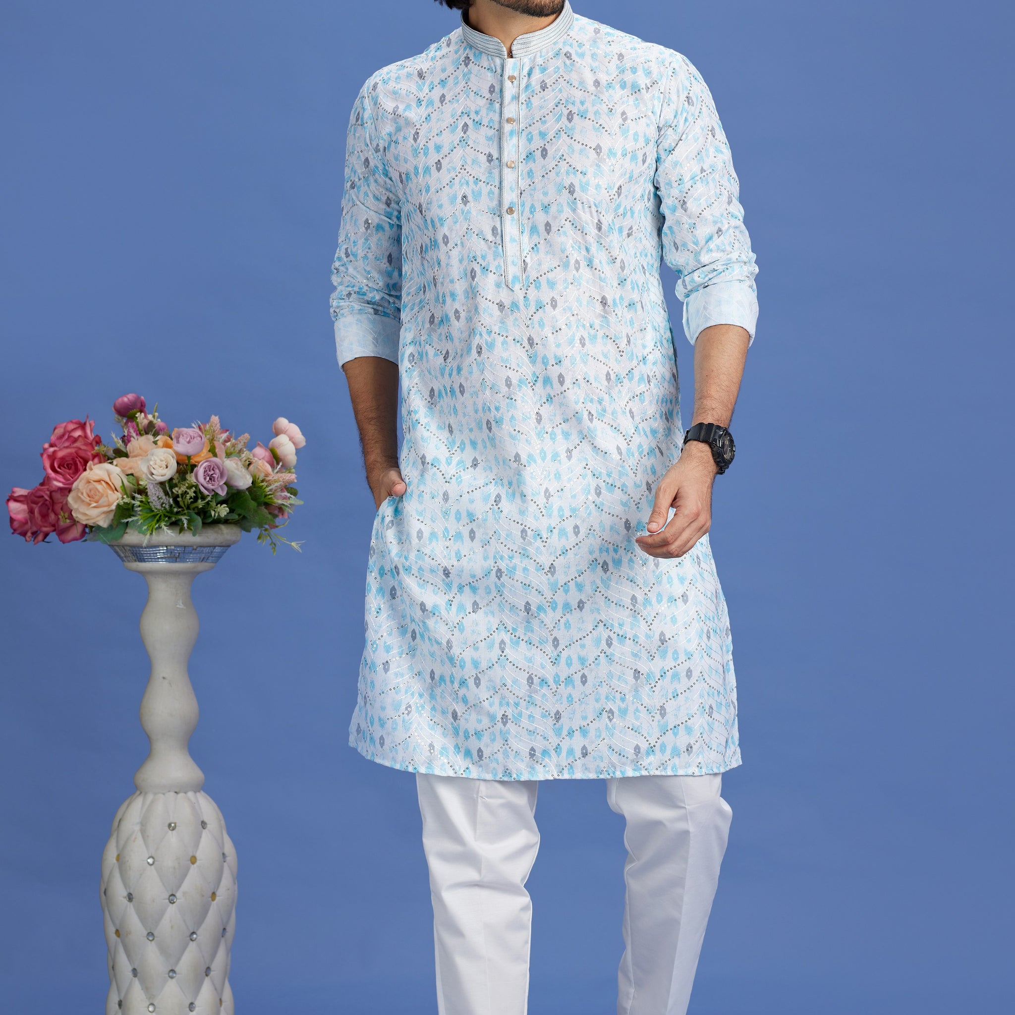 Teal cotton kurta pajama with pintux

