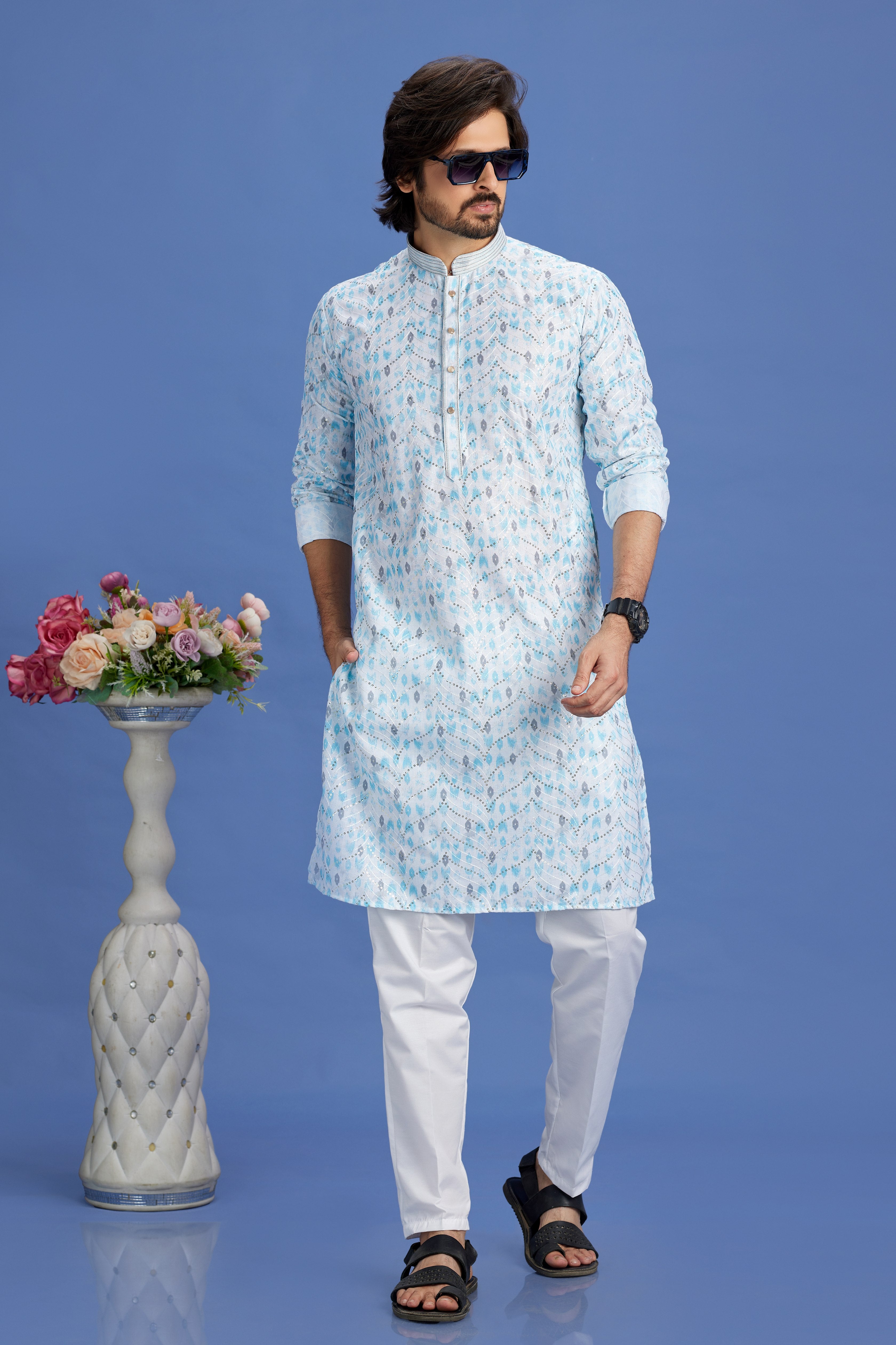 Teal cotton kurta pajama with pintux

