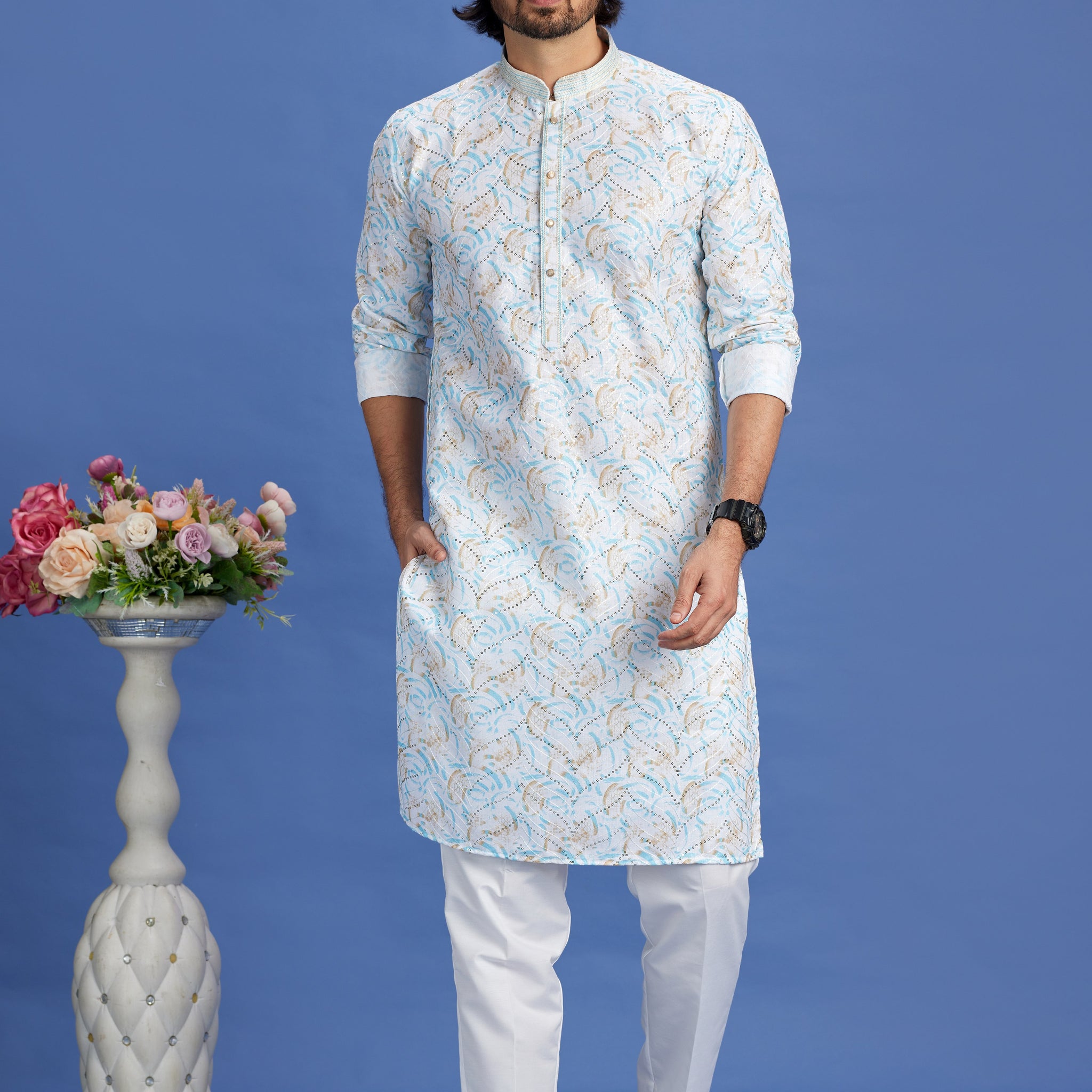 Sky blue zigzag kurta pajama

