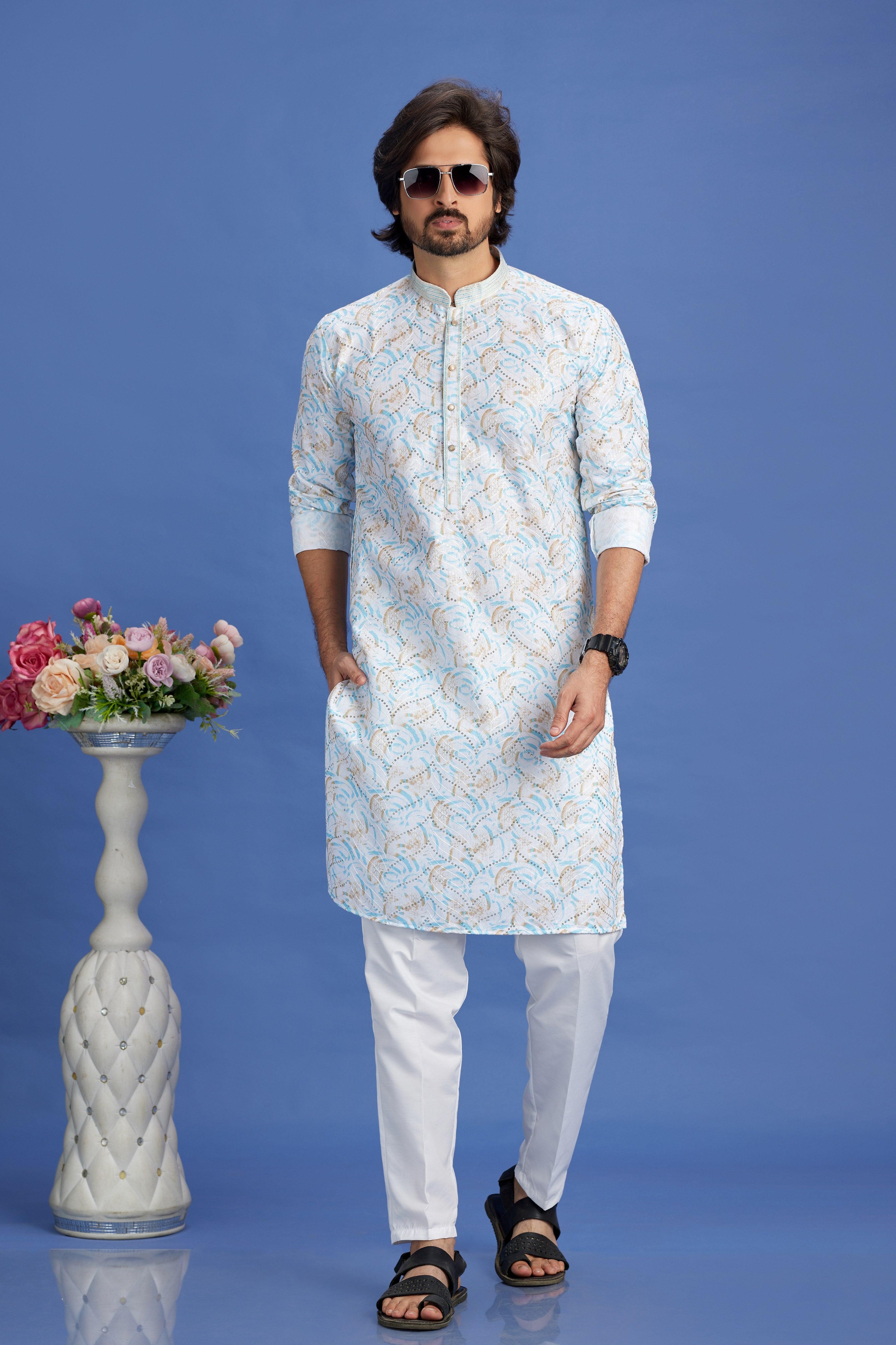 Sky blue zigzag kurta pajama

