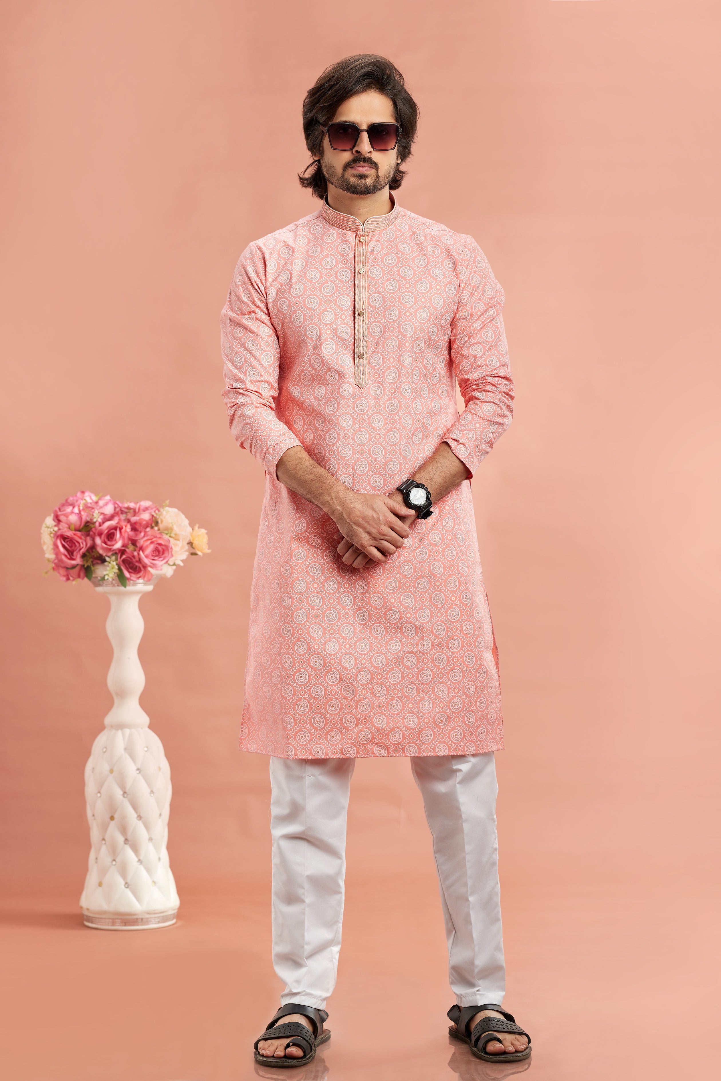 Straight fit peach kurta with Aligadhi pant

