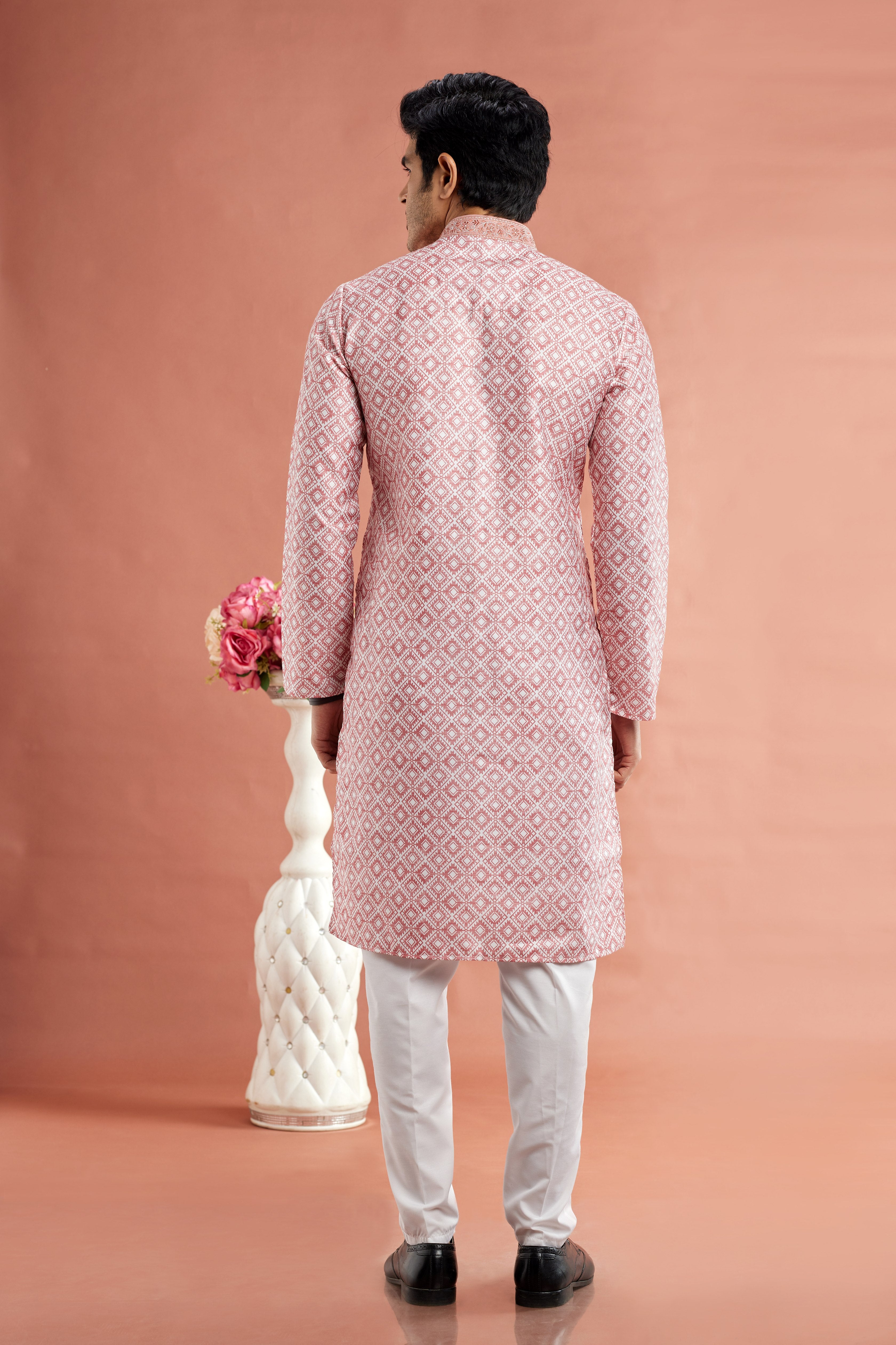Back view of pink kurta pajama for men
