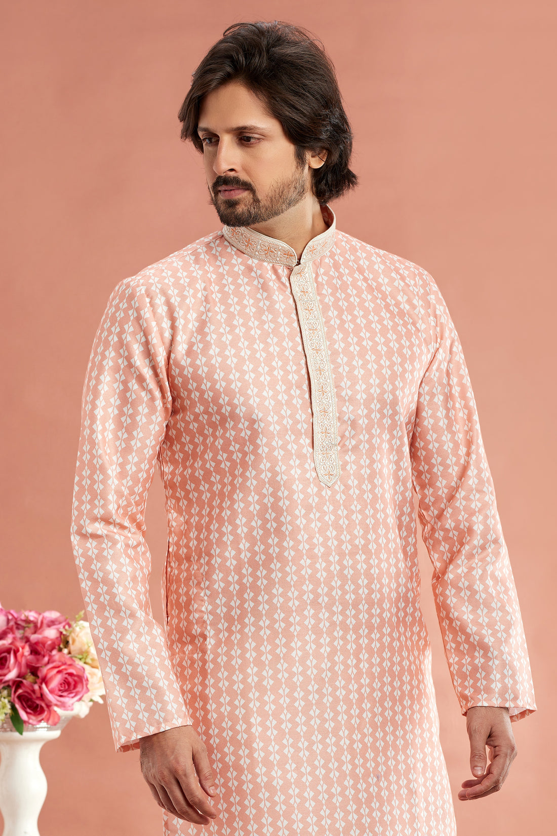Peach printed kurta pajama for men

