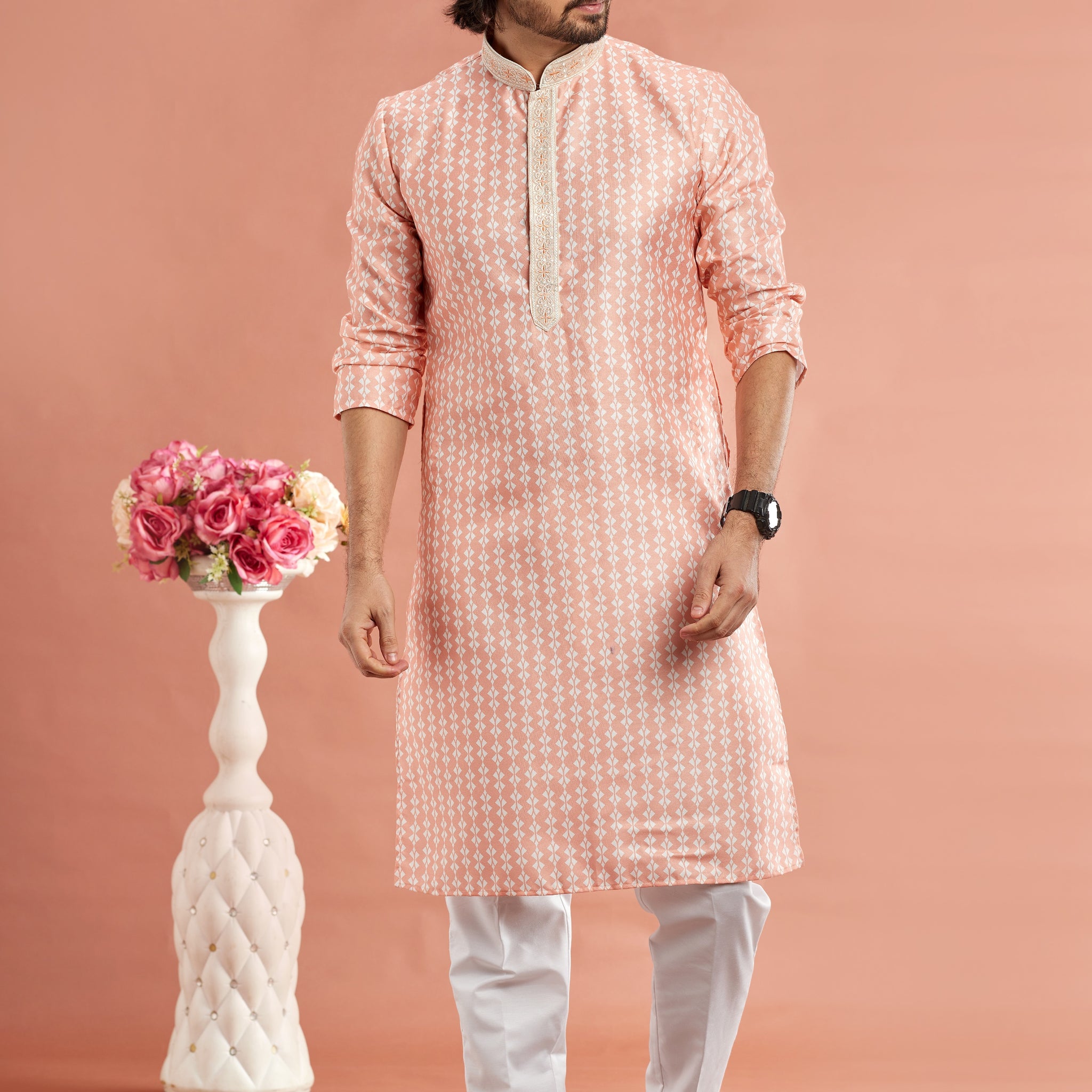 Peach printed kurta pajama for men

