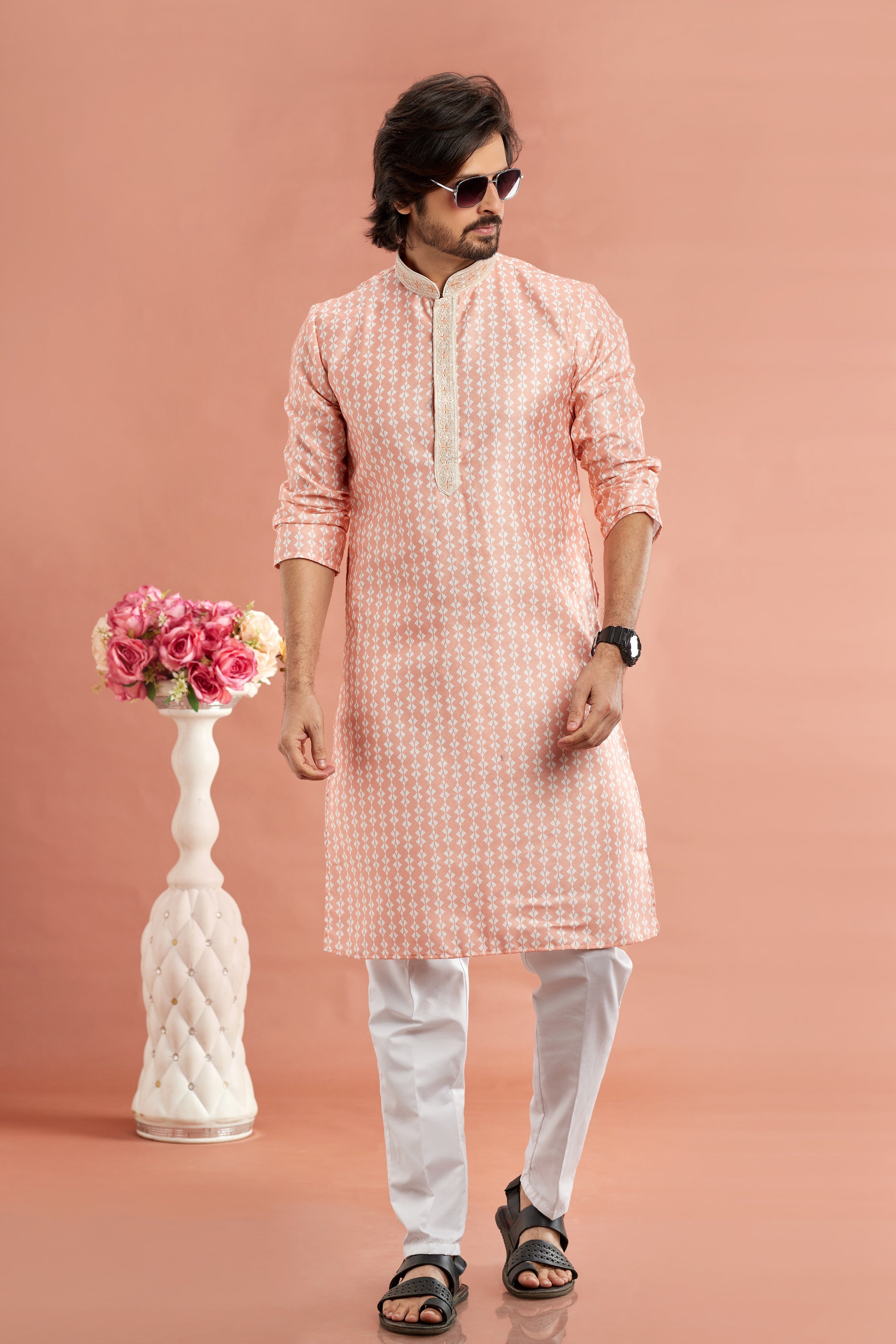 Peach printed kurta pajama for men


