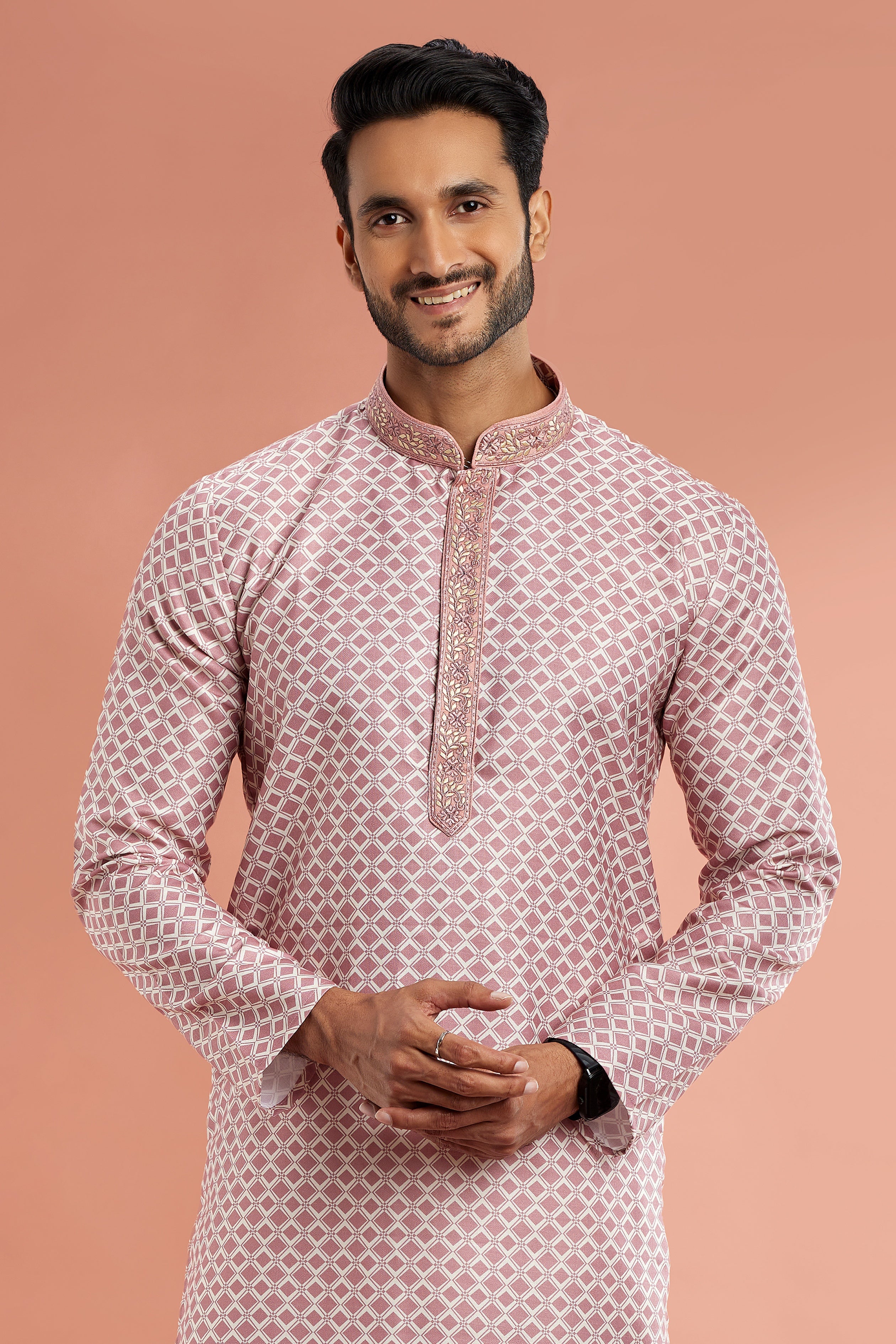 pink kurta and white pajama for men