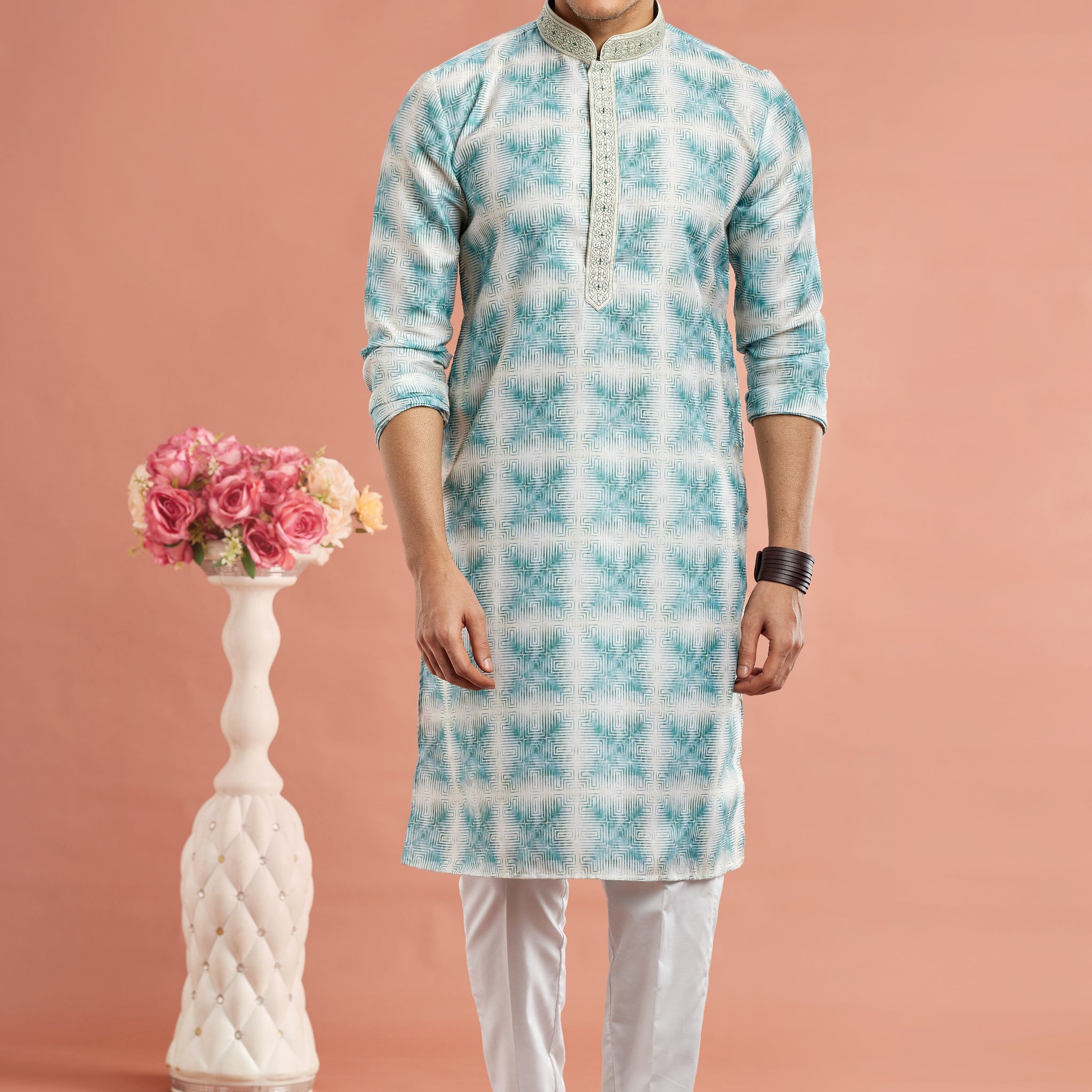 Turquoise printed kurta pajama set

