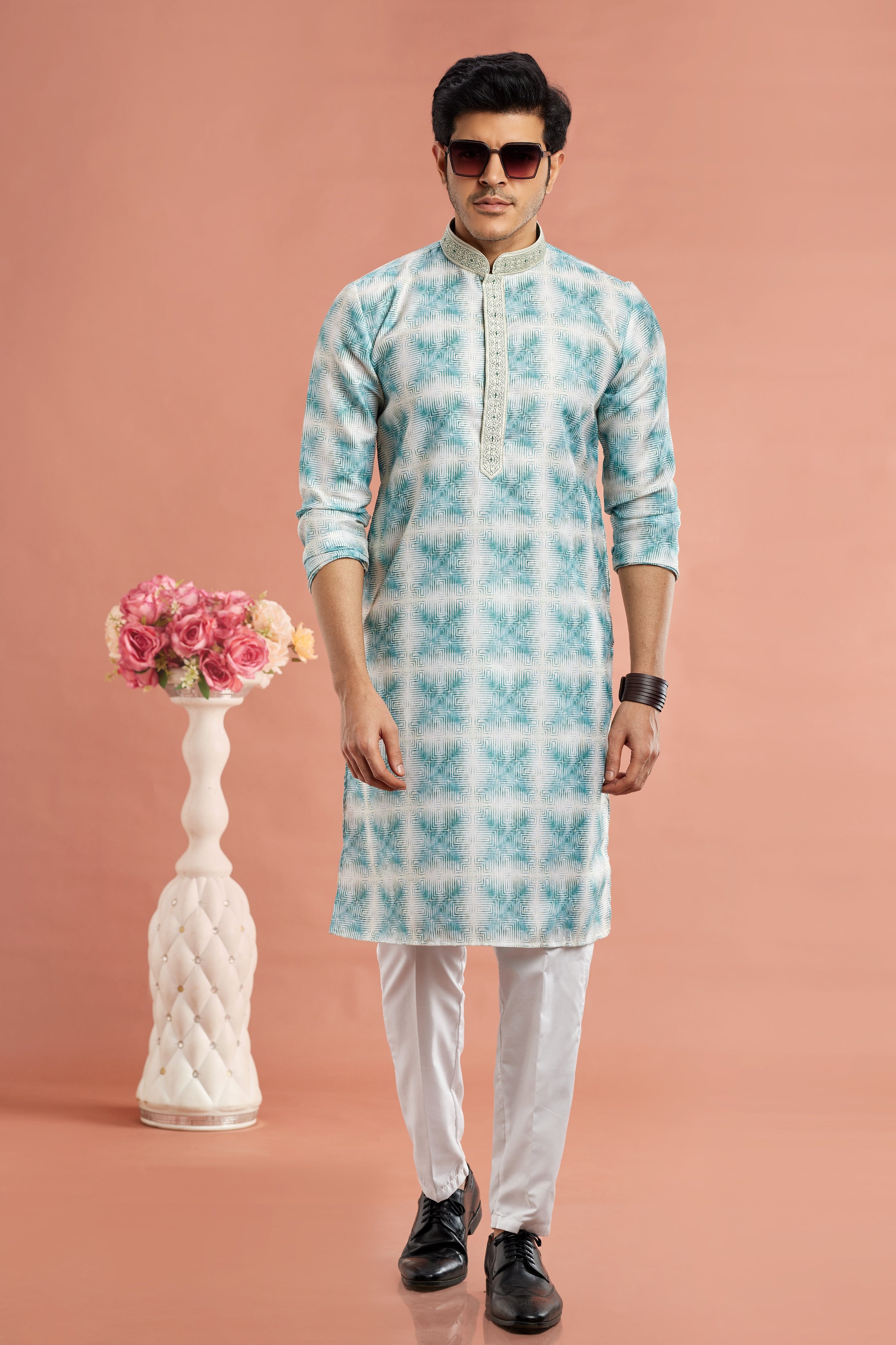 Turquoise printed kurta pajama set

