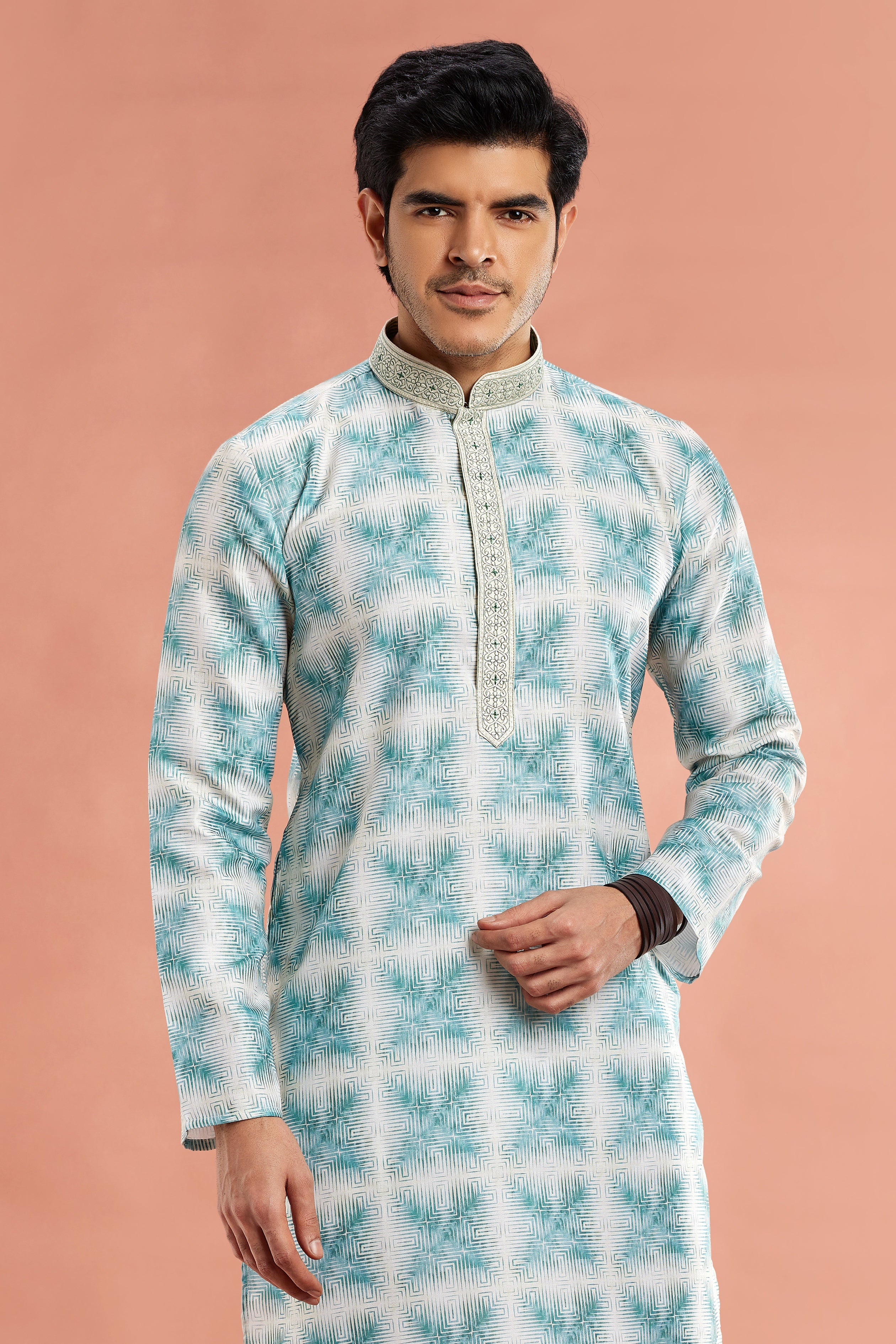 Digital print cotton kurta in turquoise

