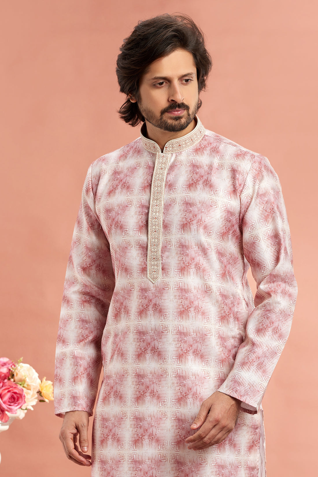 Pink printed kurta pajama for men

