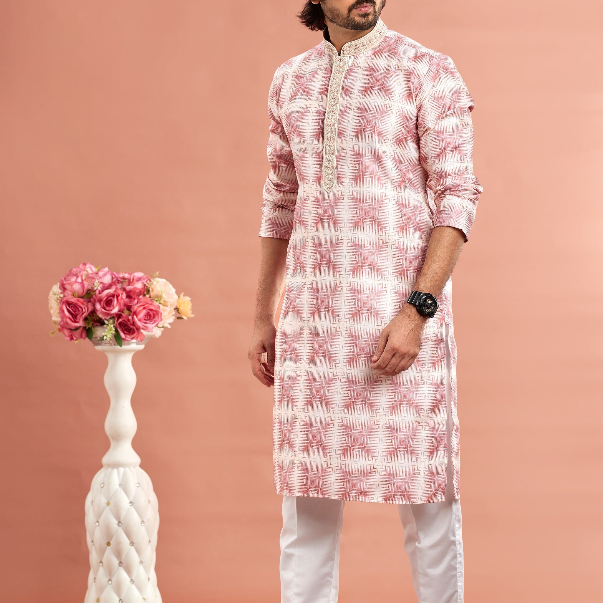 Pink printed kurta pajama for men

