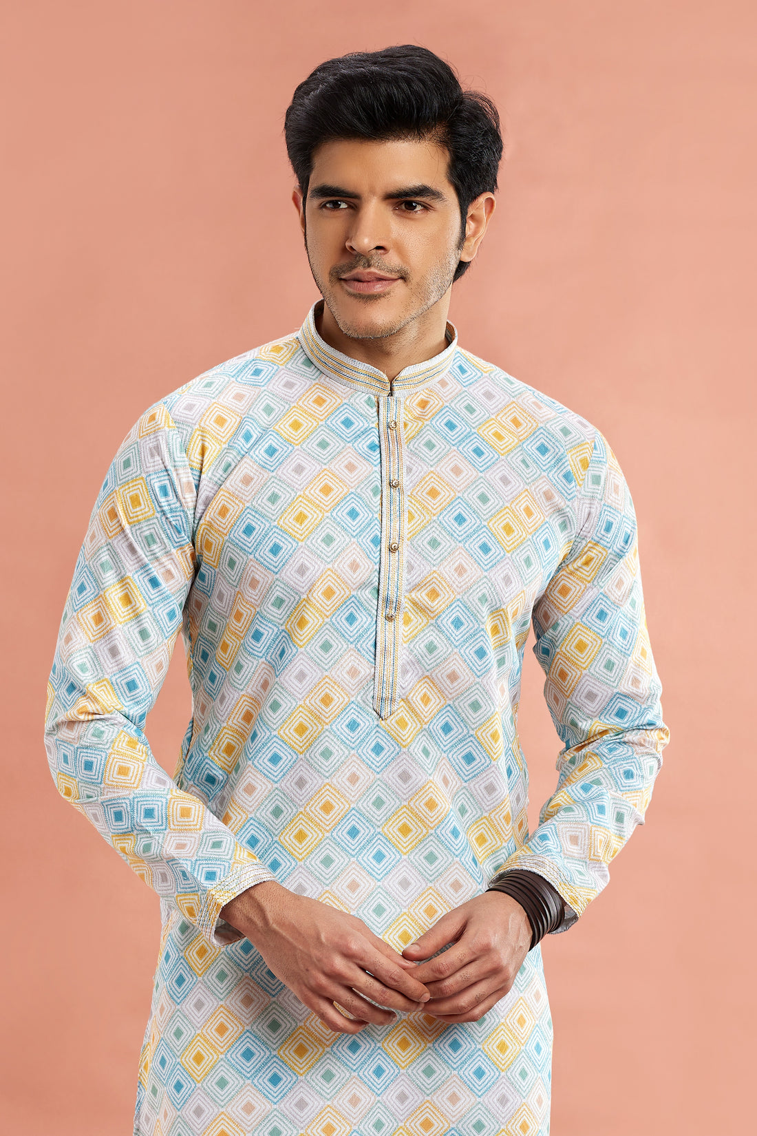 Yellow digital print kurta pajama for men

