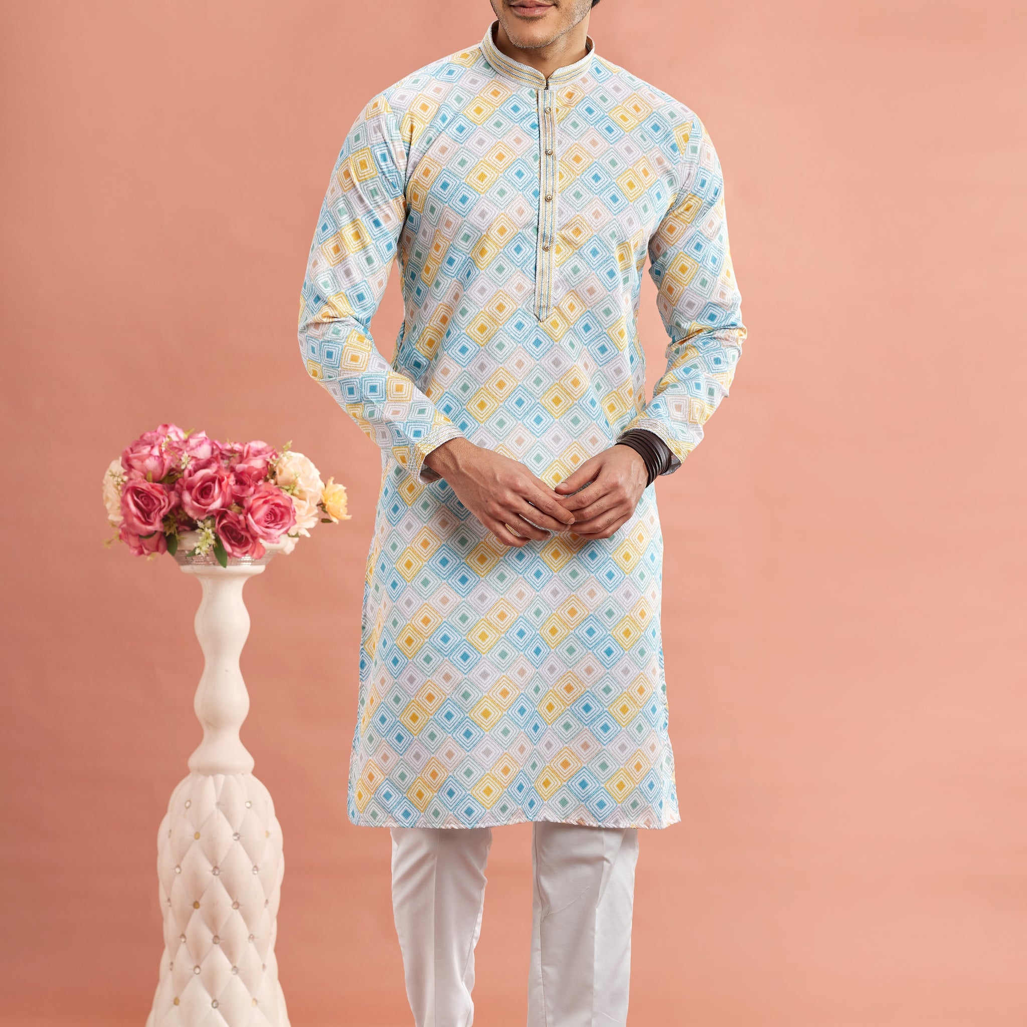 Yellow digital print kurta pajama for men

