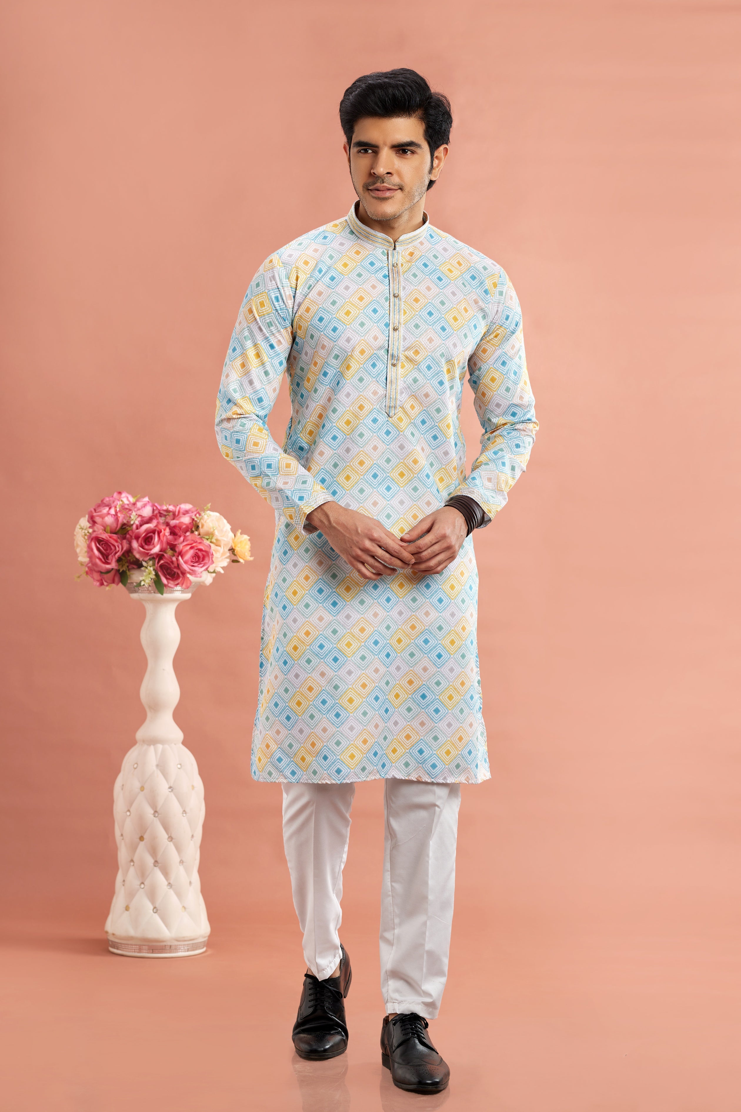 Yellow digital print kurta pajama for men

