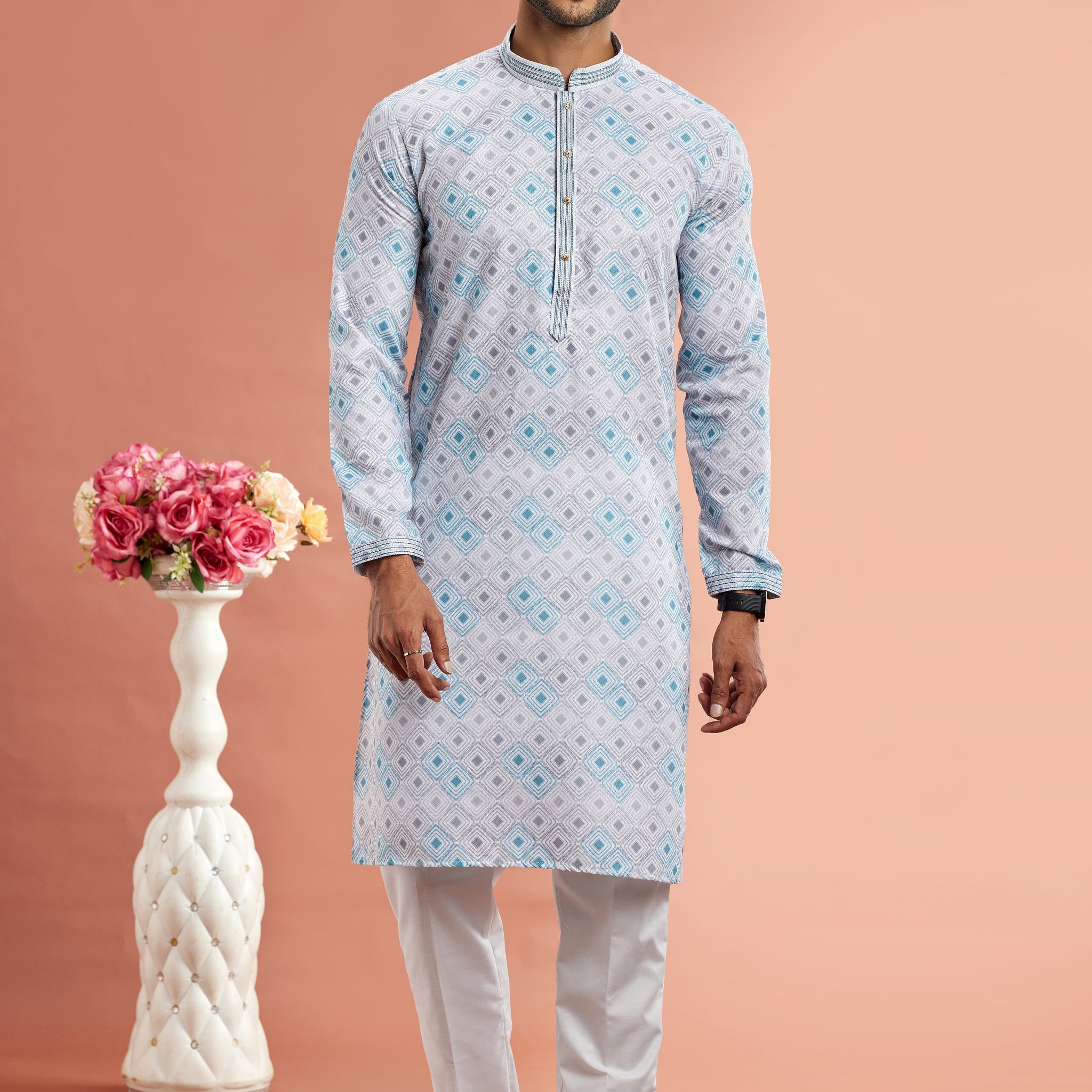 Light blue printed kurta pajama for men

